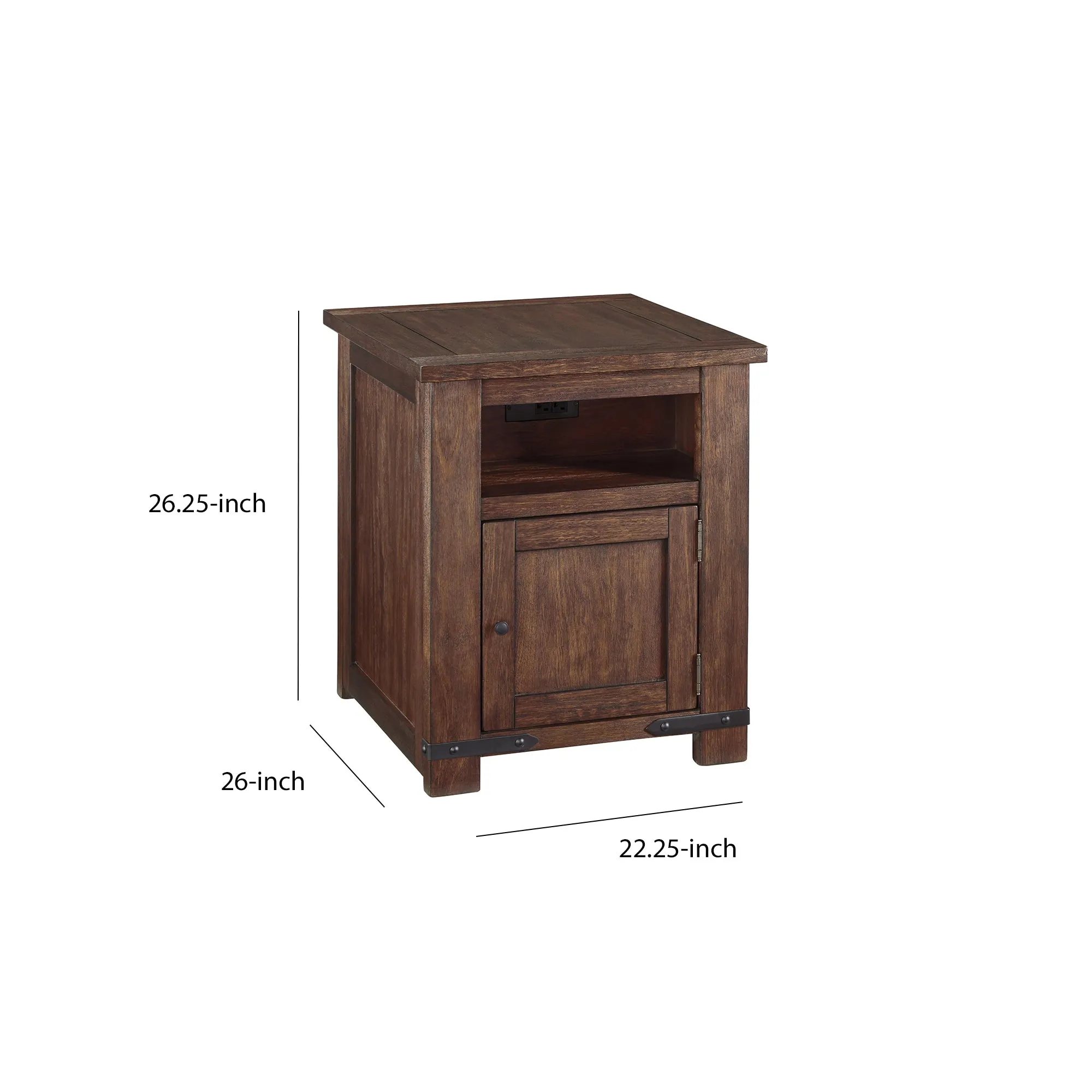 1 Door Wooden End Table With 1 Cubby And Power Hub, Brown By Benzara