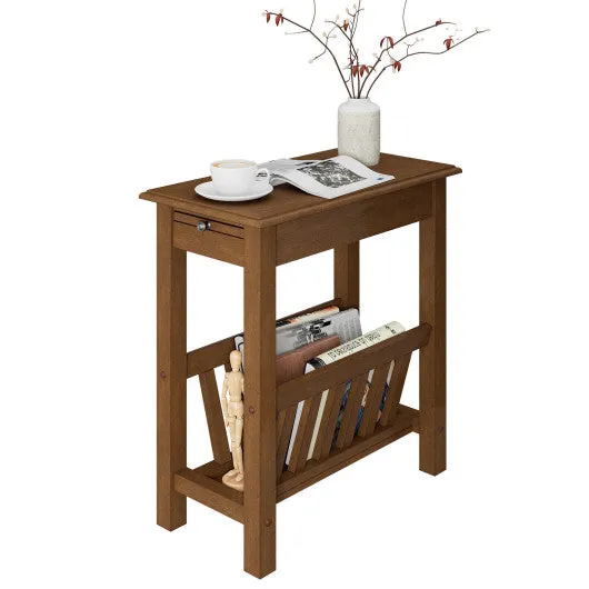 2-Tier End Table with Pull-out Tray and Solid Rubber Wood Legs-Natural