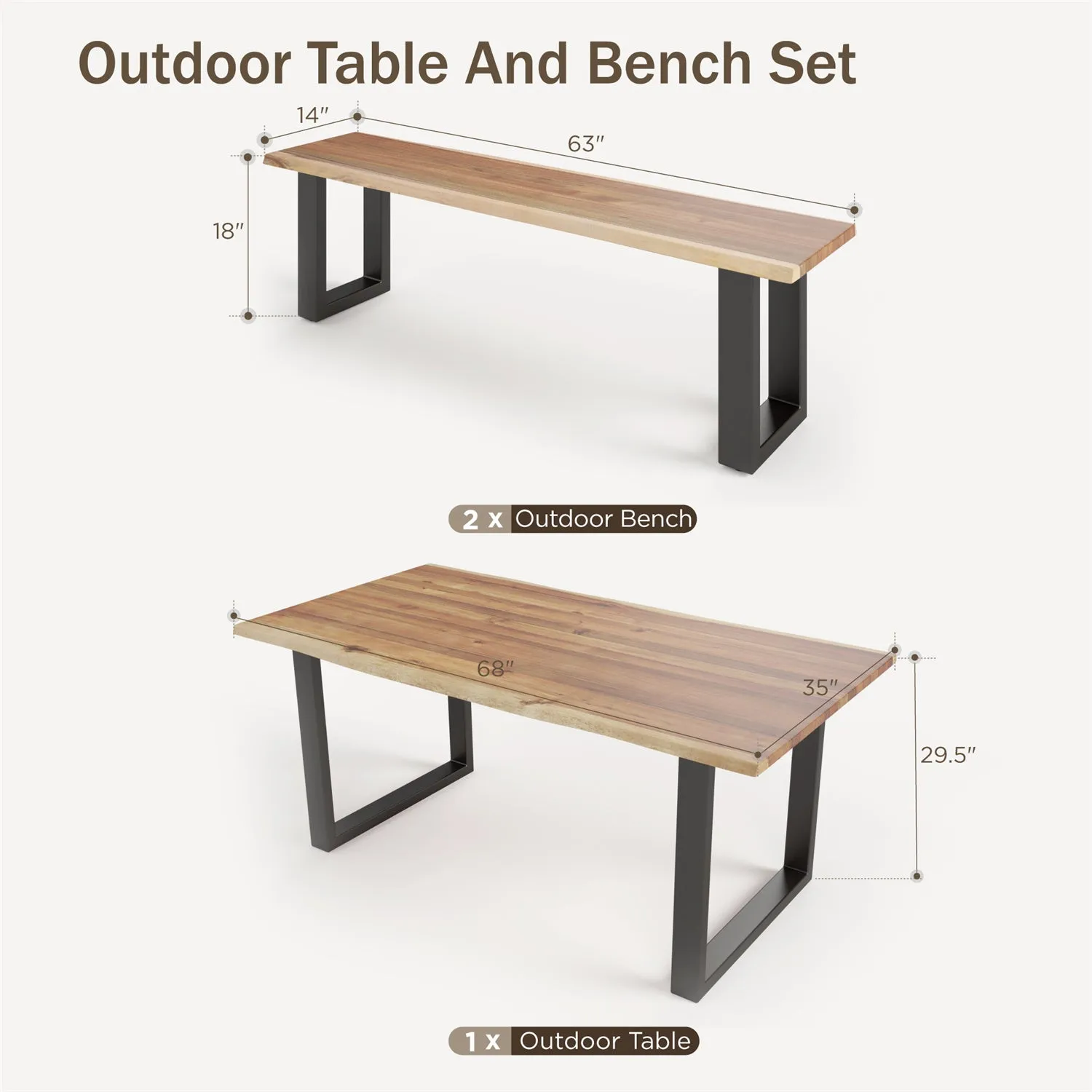 3-Pcs Wooden Picnic Table with Benches for Outdoor Deck, Backyard and Garden Phi Villa