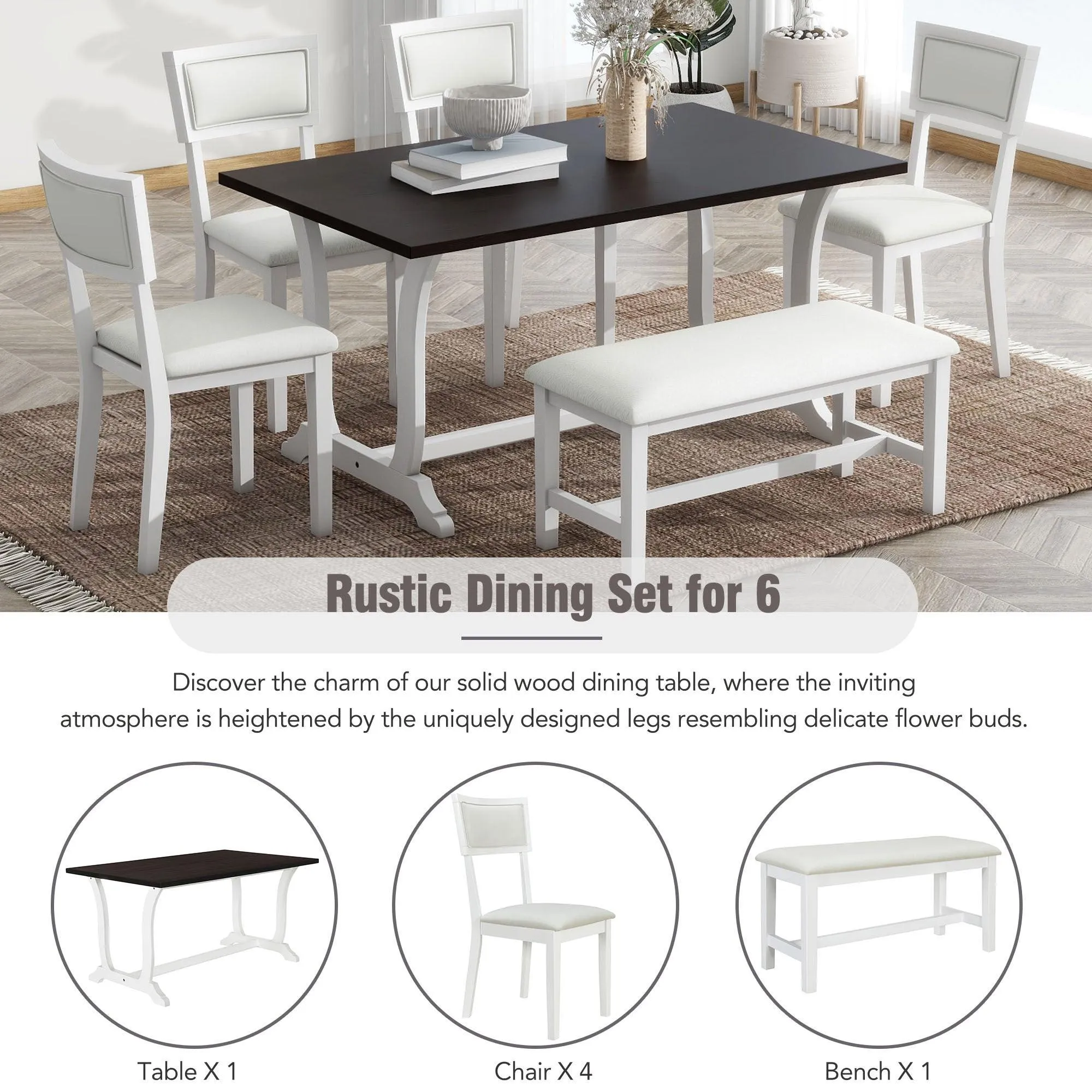 6-Piece Farmhouse Dining Set, 59" Trestle Table, Upholstered Chairs & Bench, White