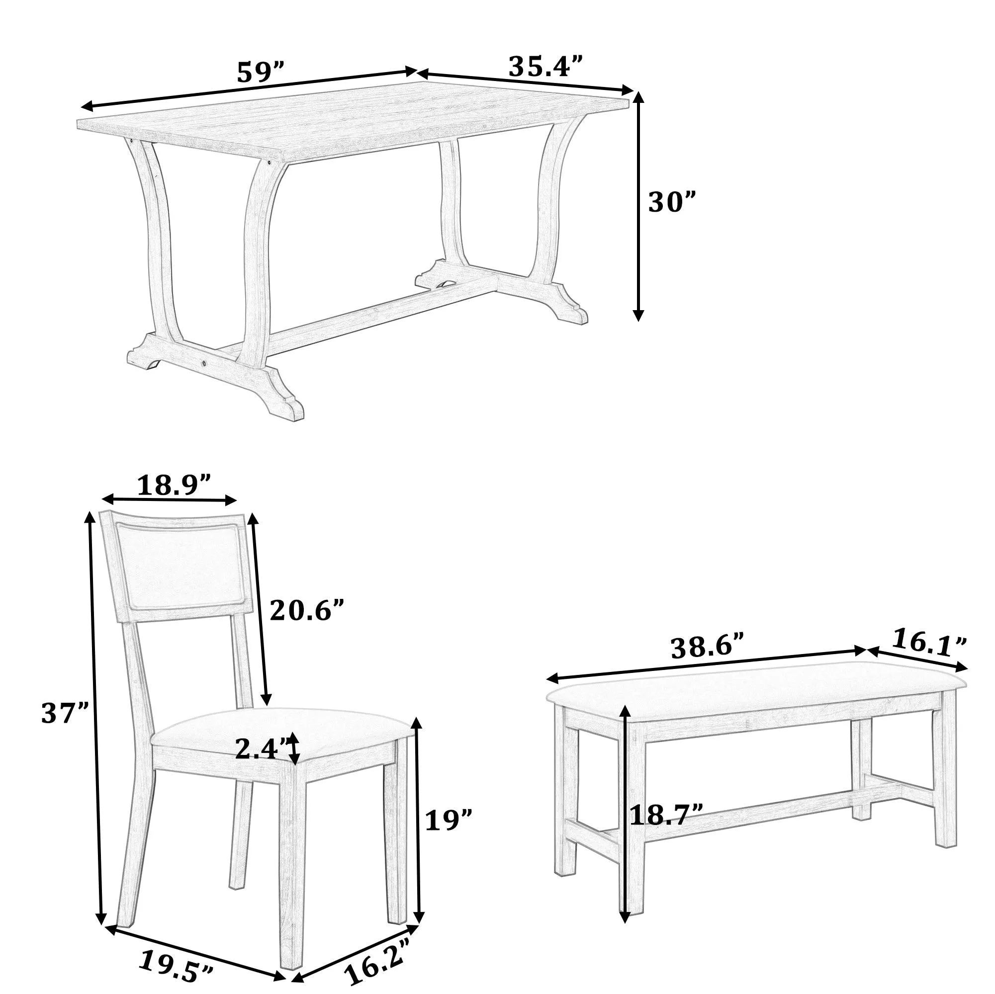 6-Piece Farmhouse Dining Set, 59" Trestle Table, Upholstered Chairs & Bench, White