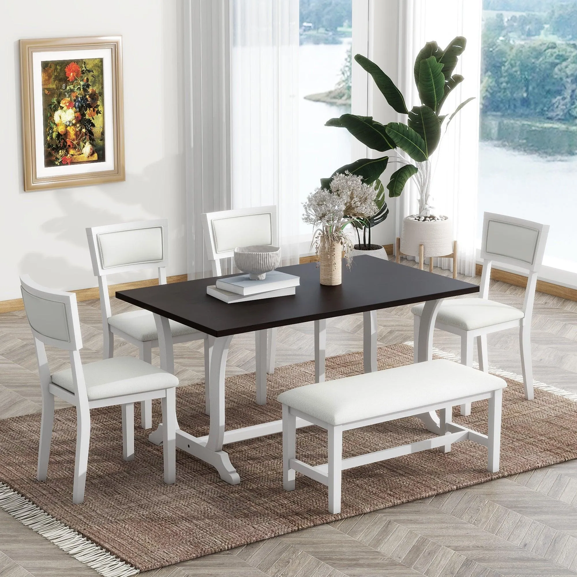 6-Piece Farmhouse Dining Set, 59" Trestle Table, Upholstered Chairs & Bench, White