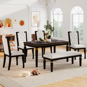 6-Piece Kitchen Dining Table Set, 62.7" Rectangular Table and 4 High-Back Tufted Chairs & 1 Bench for Dining Room and Kitchen (Espresso)