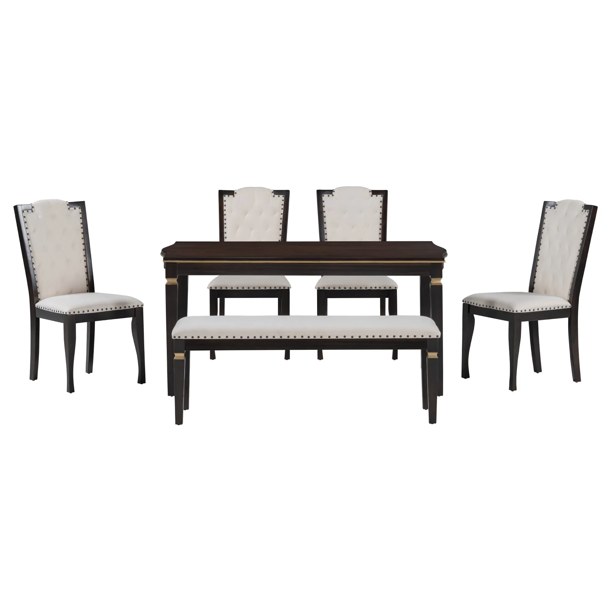 6-Piece Kitchen Dining Table Set, 62.7" Rectangular Table and 4 High-Back Tufted Chairs & 1 Bench for Dining Room and Kitchen (Espresso)