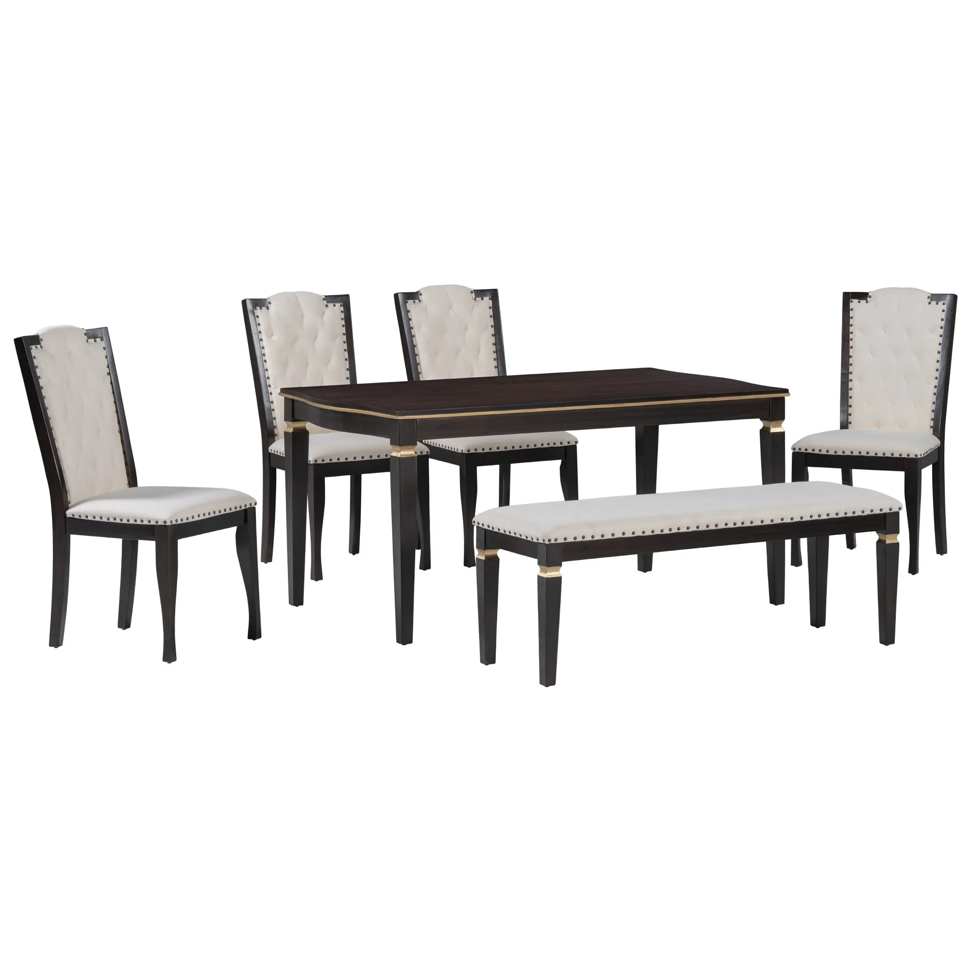 6-Piece Kitchen Dining Table Set, 62.7" Rectangular Table and 4 High-Back Tufted Chairs & 1 Bench for Dining Room and Kitchen (Espresso)