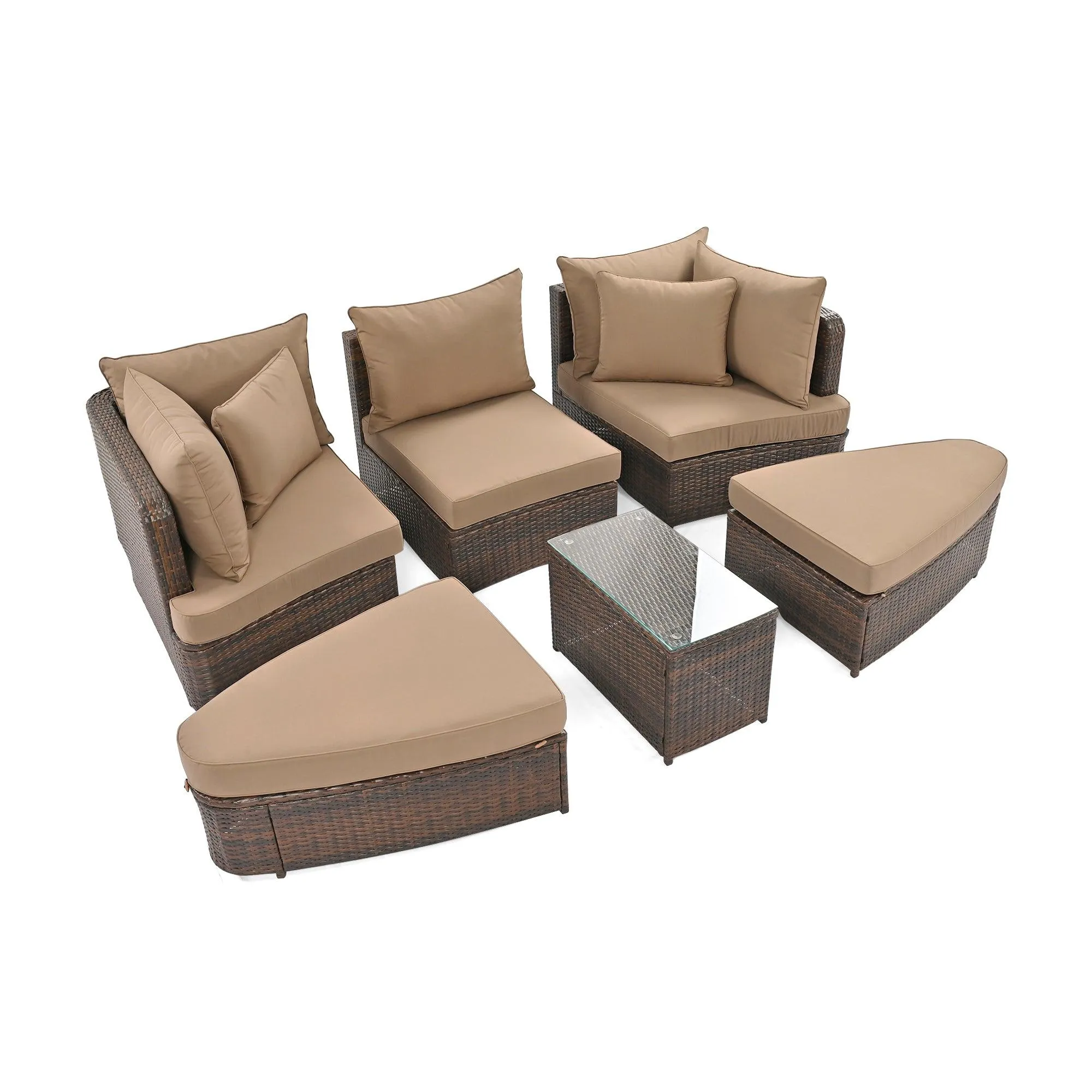 6-Piece Patio Conversation Sofa Set, PE Wicker Rattan Separate Seating Group with Coffee Table, Brown