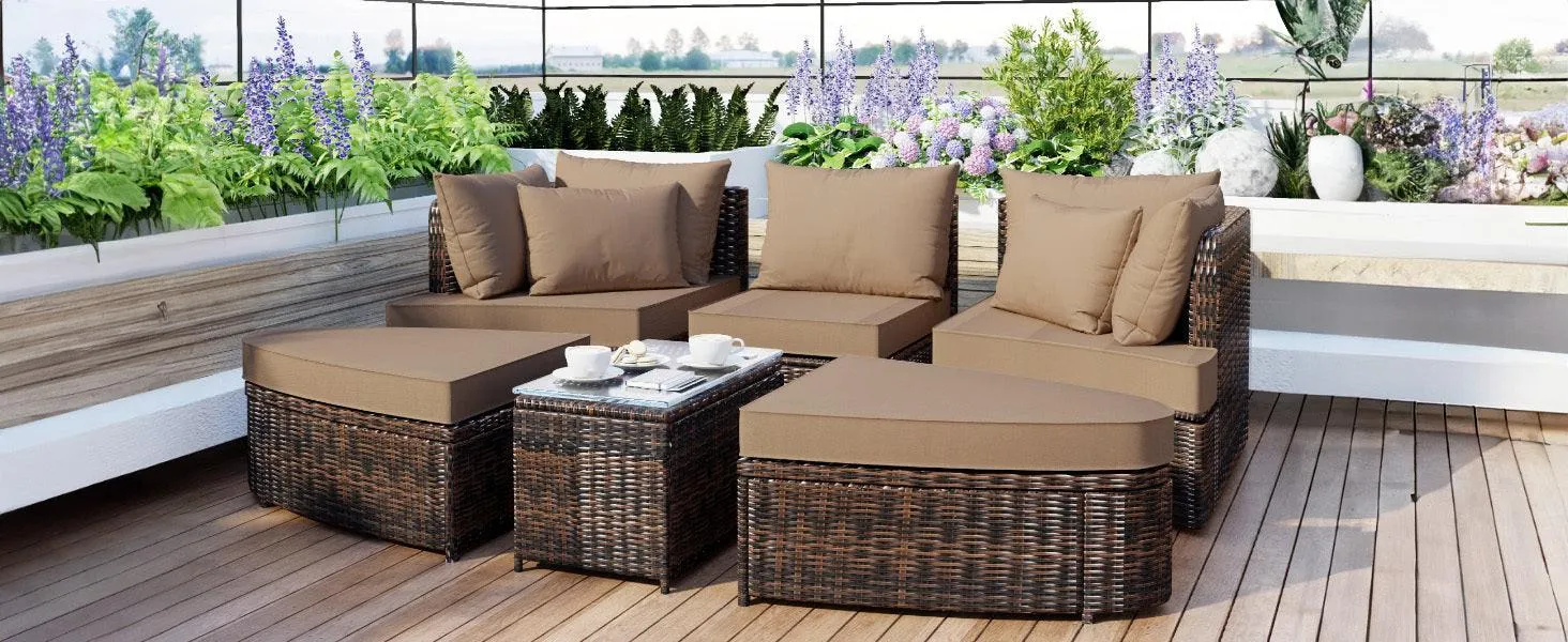 6-Piece Patio Conversation Sofa Set, PE Wicker Rattan Separate Seating Group with Coffee Table, Brown