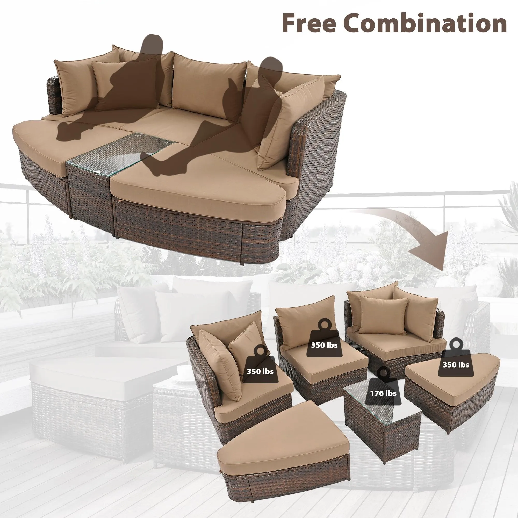 6-Piece Patio Conversation Sofa Set, PE Wicker Rattan Separate Seating Group with Coffee Table, Brown