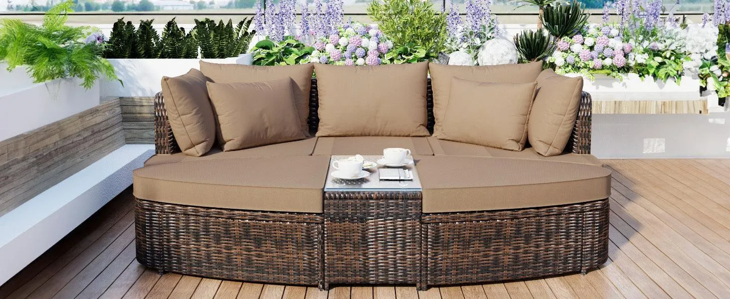 6-Piece Patio Conversation Sofa Set, PE Wicker Rattan Separate Seating Group with Coffee Table, Brown