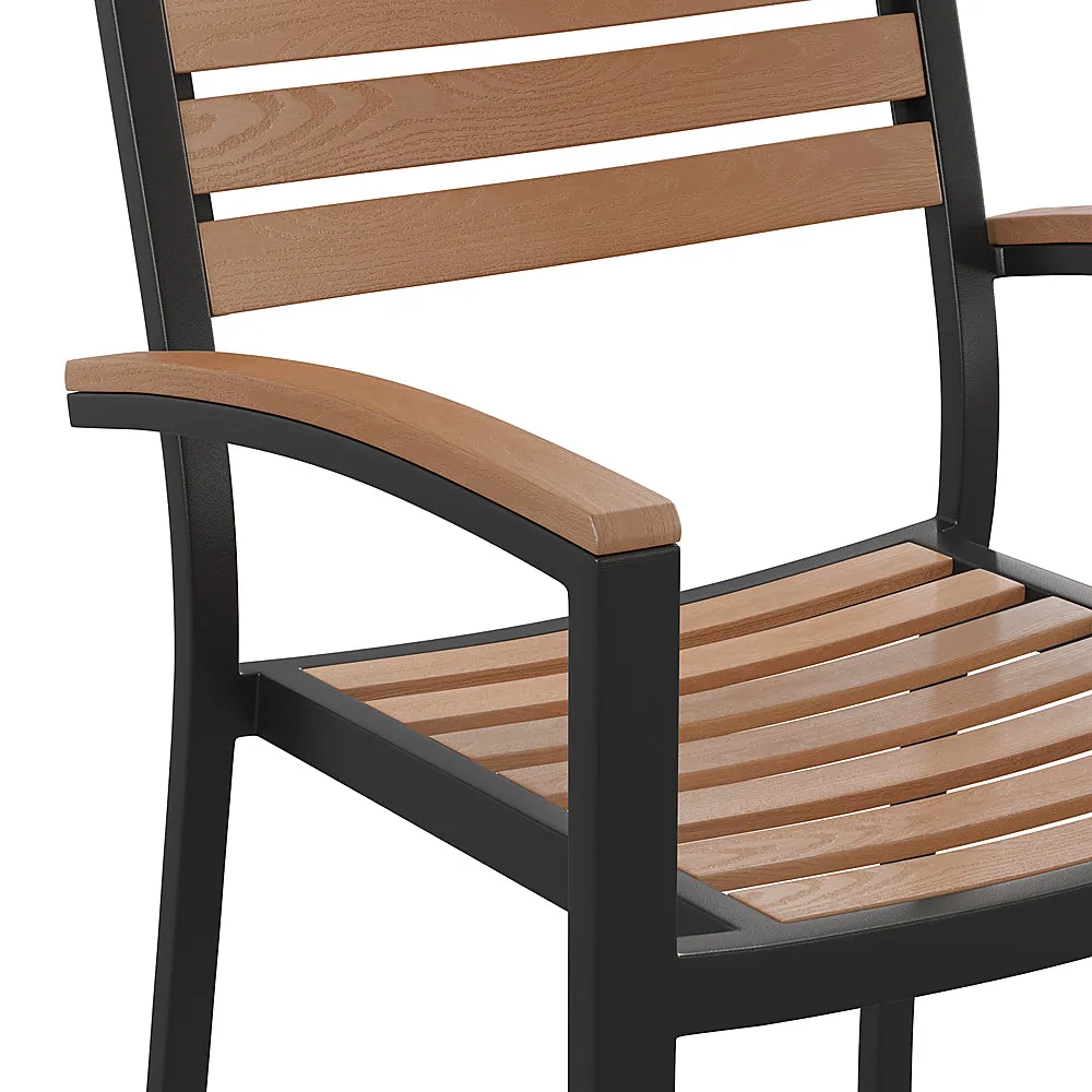 Alamont Home - Lark Set of 4 Stackable All-Weather Black Aluminum Patio Chairs with Faux Slats - Teak