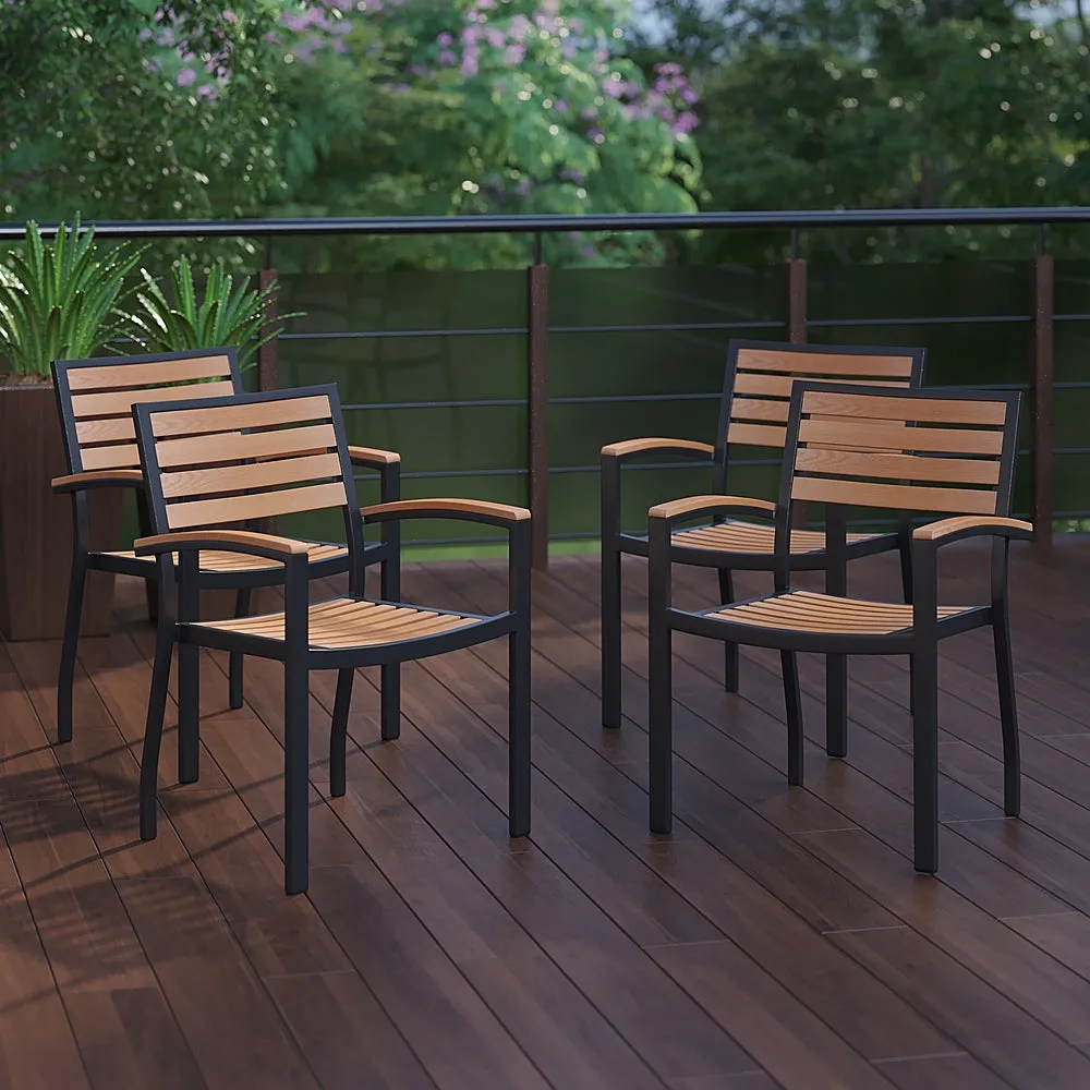 Alamont Home - Lark Set of 4 Stackable All-Weather Black Aluminum Patio Chairs with Faux Slats - Teak