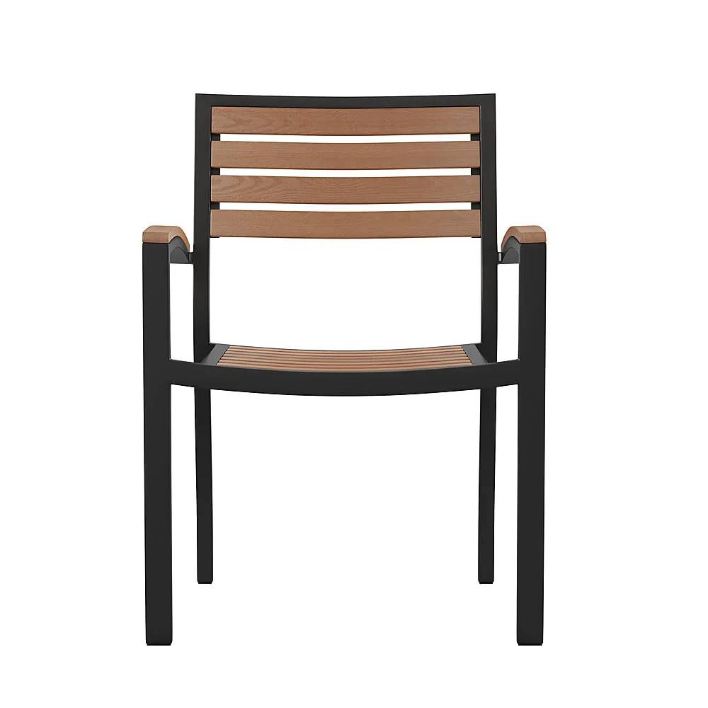 Alamont Home - Lark Set of 4 Stackable All-Weather Black Aluminum Patio Chairs with Faux Slats - Teak