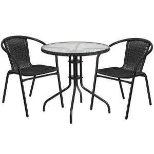 Alamont Home - Lila Outdoor Round Contemporary Metal 3 Piece Patio Set - Clear Top/Black Rattan