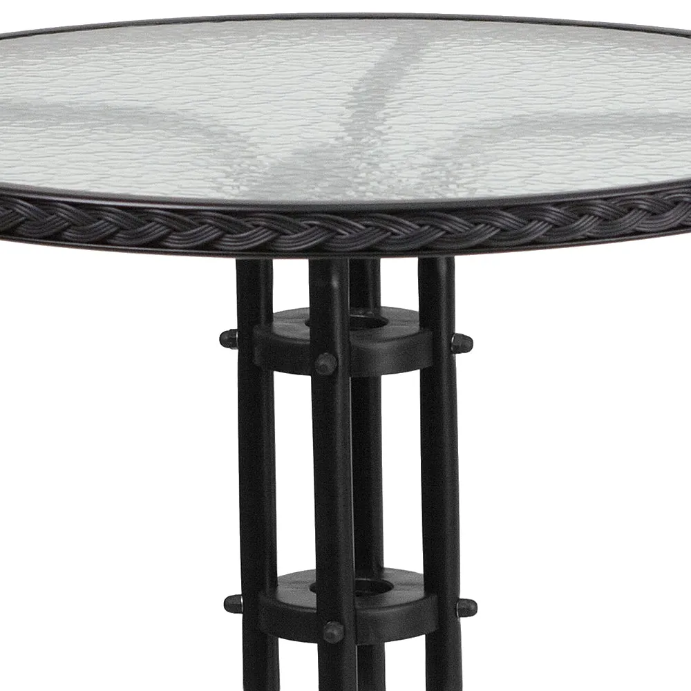 Alamont Home - Lila Outdoor Round Contemporary Metal 3 Piece Patio Set - Clear Top/Black Rattan