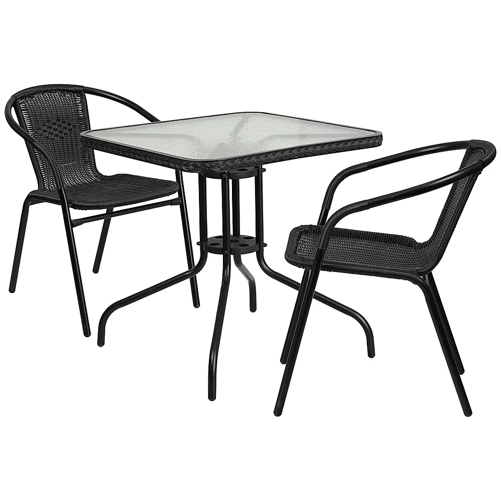 Alamont Home - Lila Outdoor Square Contemporary Metal 3 Piece Patio Set - Clear Top/Black Rattan