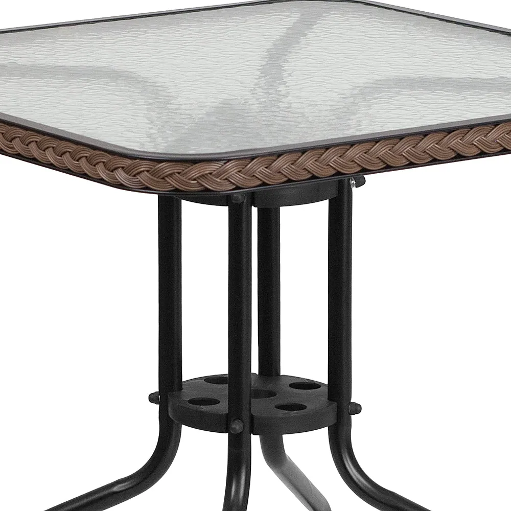 Alamont Home - Lila Outdoor Square Contemporary Metal 3 Piece Patio Set - Clear Top/Dark Brown Rattan