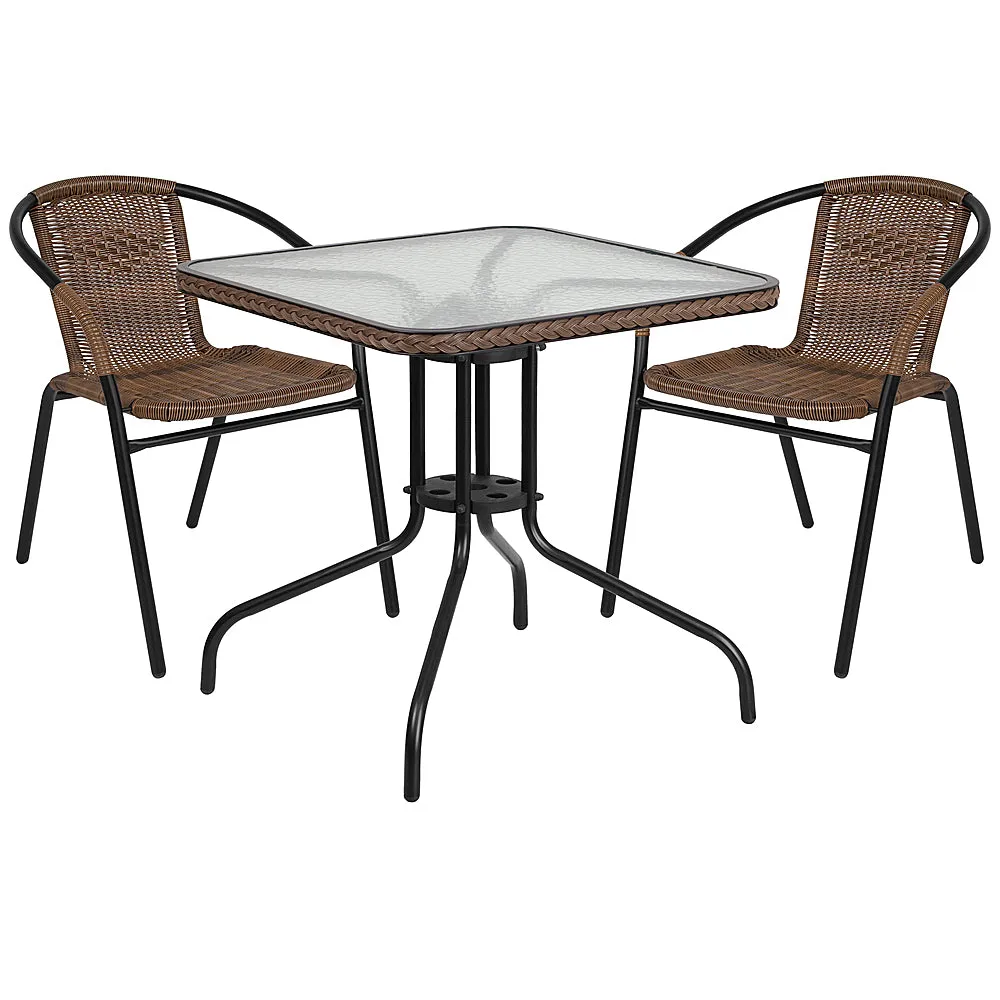 Alamont Home - Lila Outdoor Square Contemporary Metal 3 Piece Patio Set - Clear Top/Dark Brown Rattan