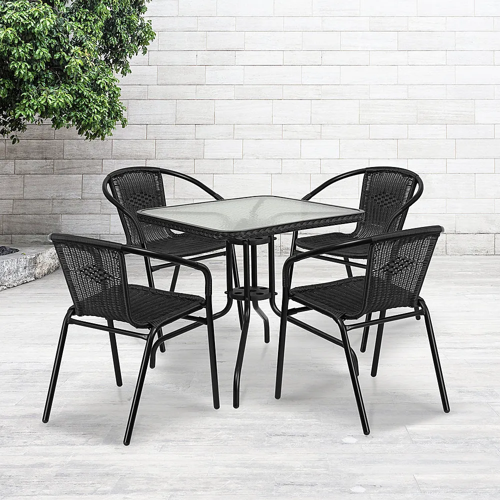 Alamont Home - Lila Outdoor Square Contemporary Metal 5 Piece Patio Set - Clear Top/Black Rattan