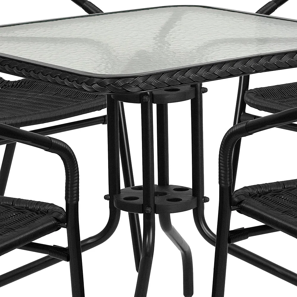 Alamont Home - Lila Outdoor Square Contemporary Metal 5 Piece Patio Set - Clear Top/Black Rattan