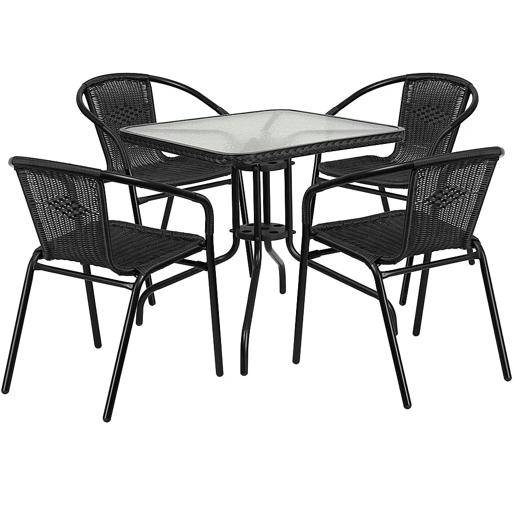 Alamont Home - Lila Outdoor Square Contemporary Metal 5 Piece Patio Set - Clear Top/Black Rattan