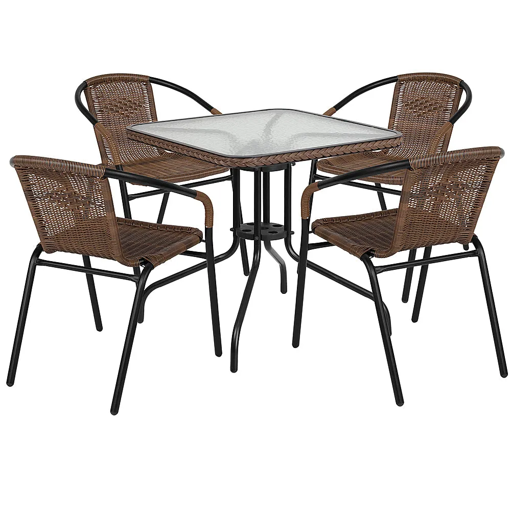 Alamont Home - Lila Outdoor Square Contemporary Metal 5 Piece Patio Set - Clear Top/Dark Brown Rattan