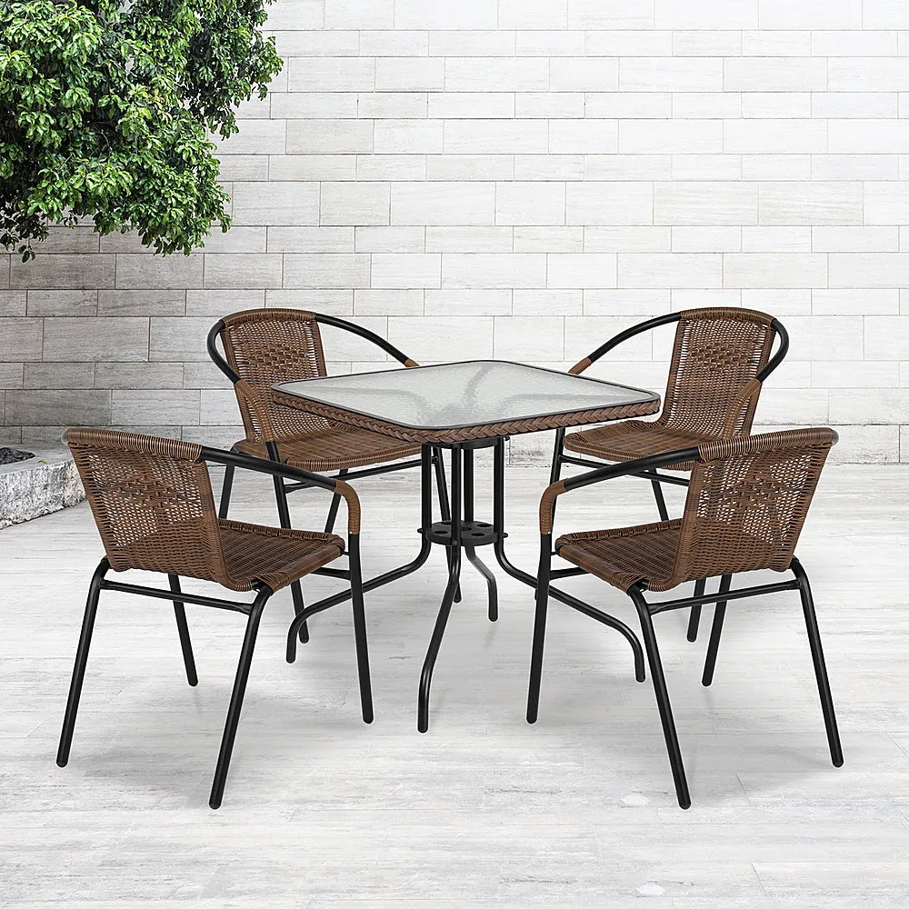 Alamont Home - Lila Outdoor Square Contemporary Metal 5 Piece Patio Set - Clear Top/Dark Brown Rattan