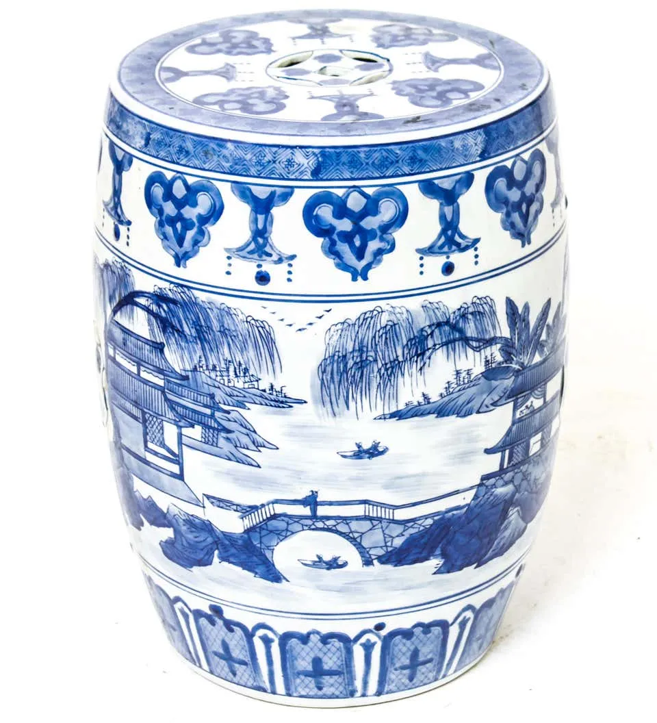 Asian Blue & White Porcelain Garden Seat with Temple Scenes