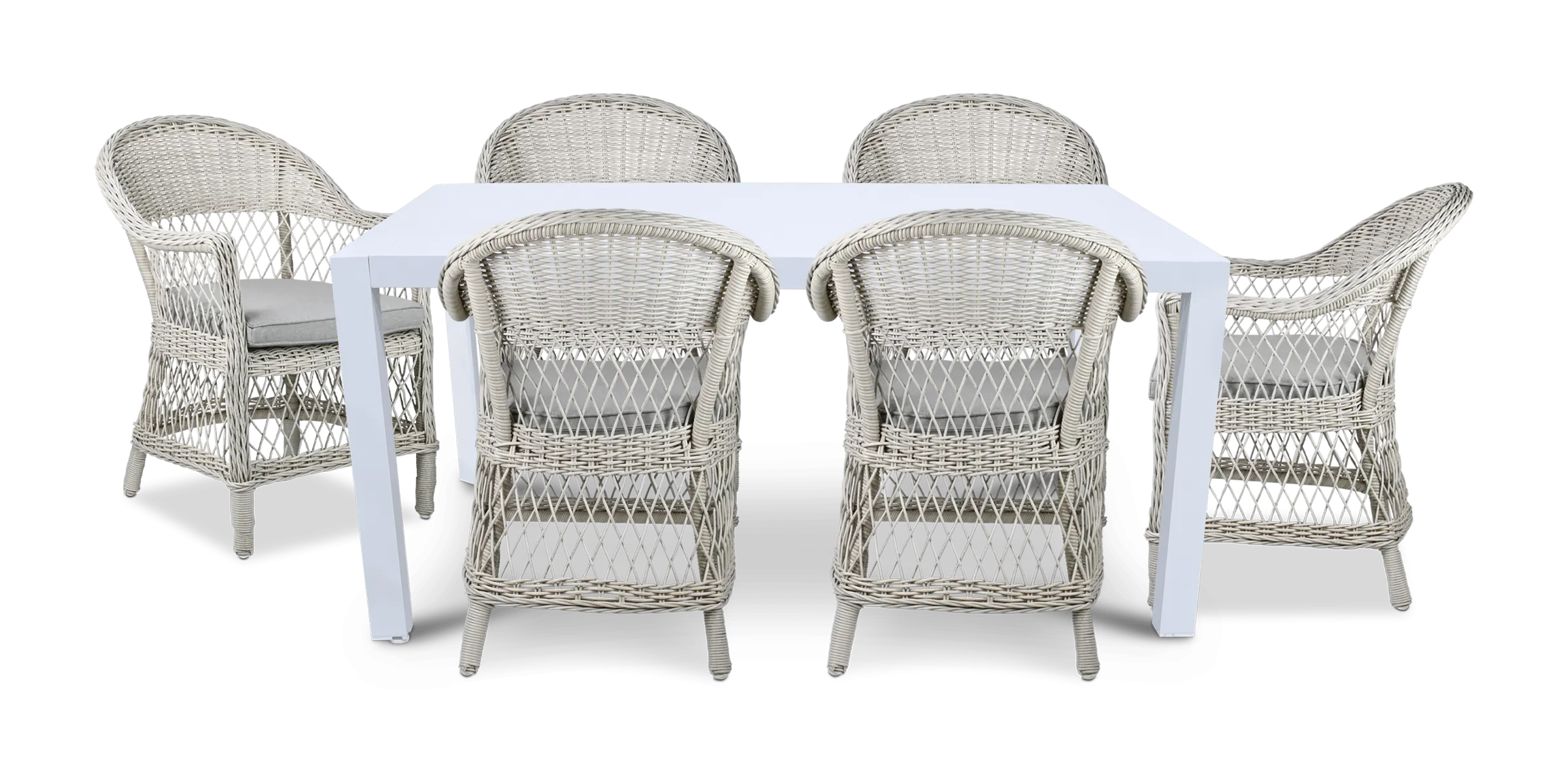 Bahamas Rectangle 7 Piece Outdoor Setting in Arctic White with Wicker Chairs