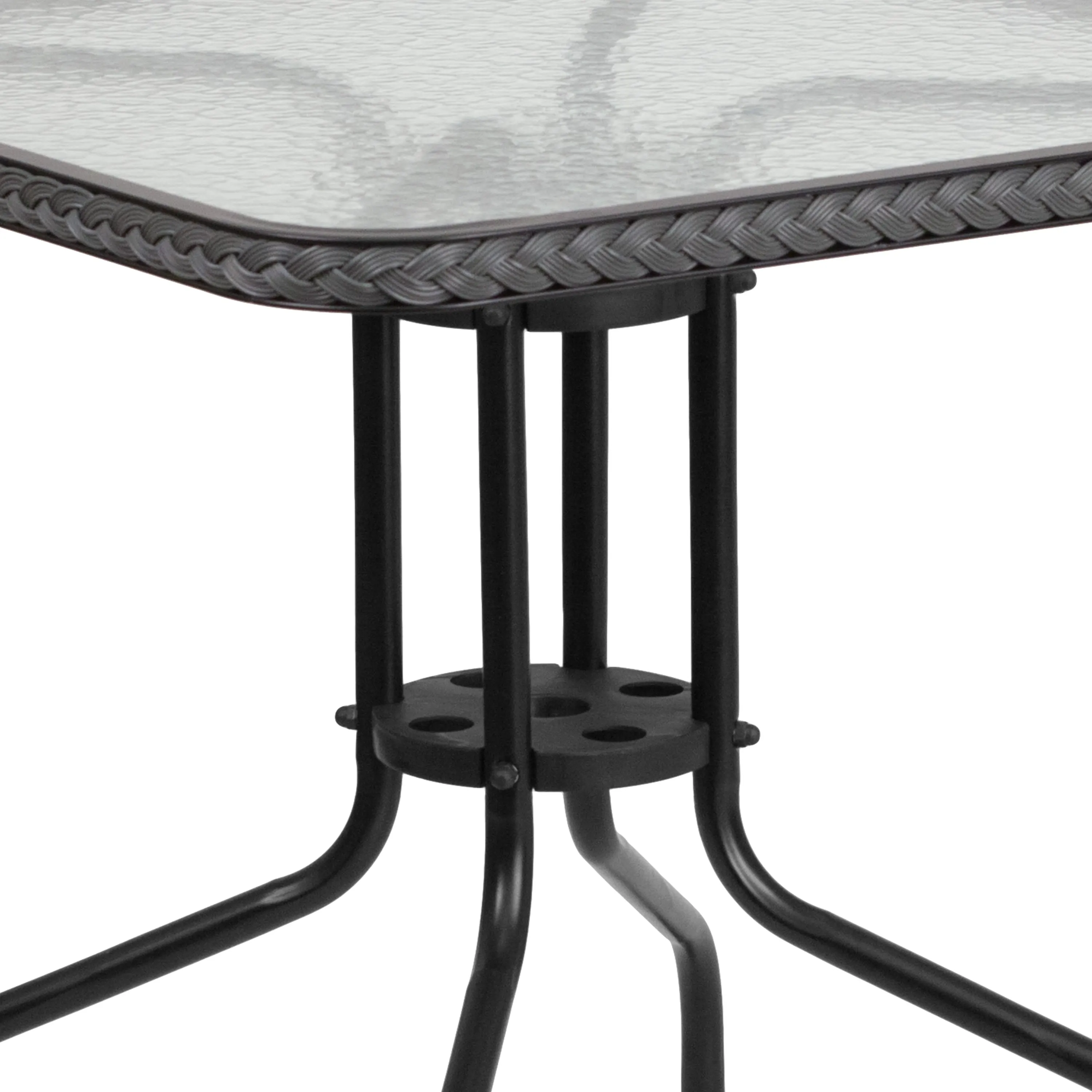 Barker 28'' Square Glass Metal Table with Rattan Edging and 2 Rattan Stack Chairs