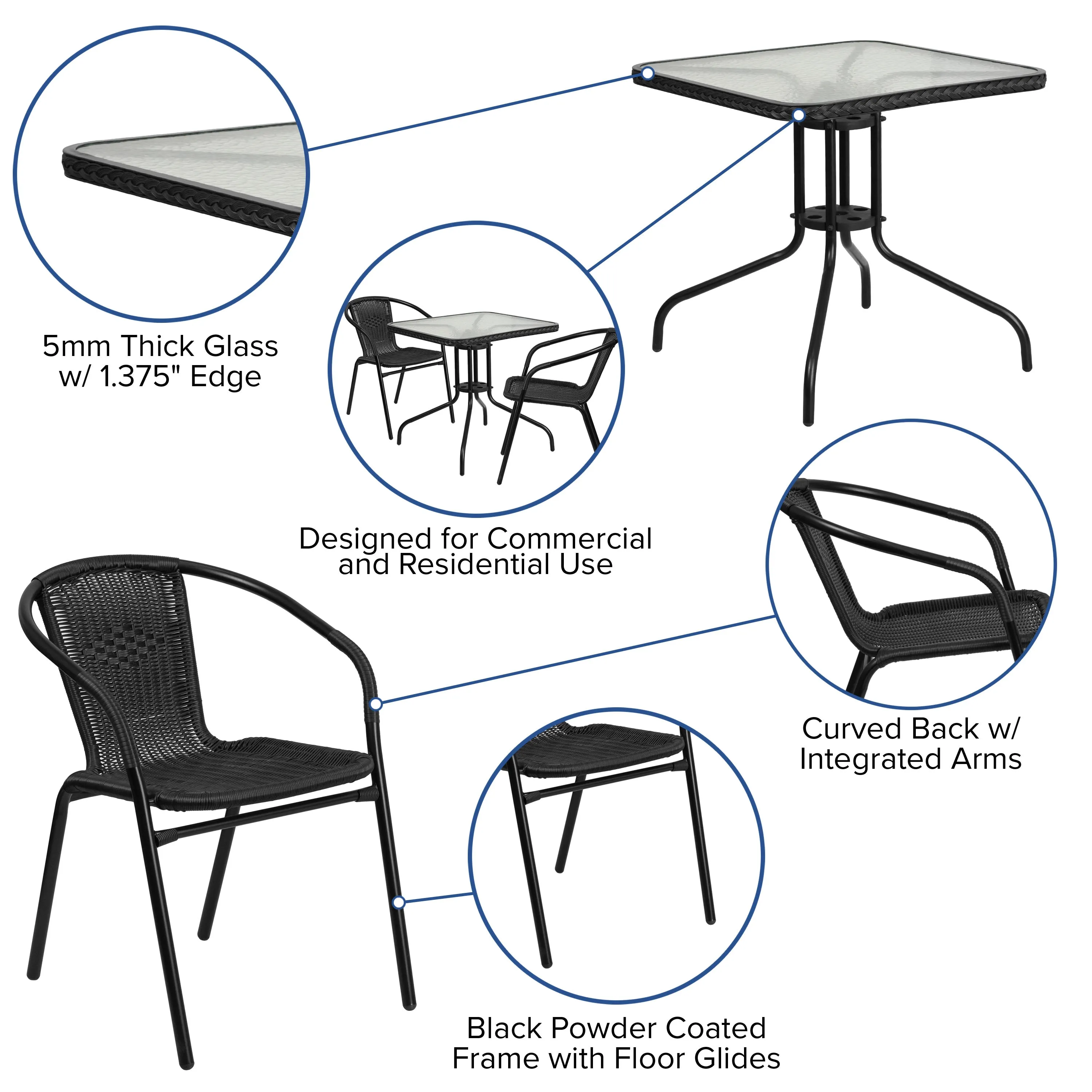 Barker 28'' Square Glass Metal Table with Rattan Edging and 2 Rattan Stack Chairs