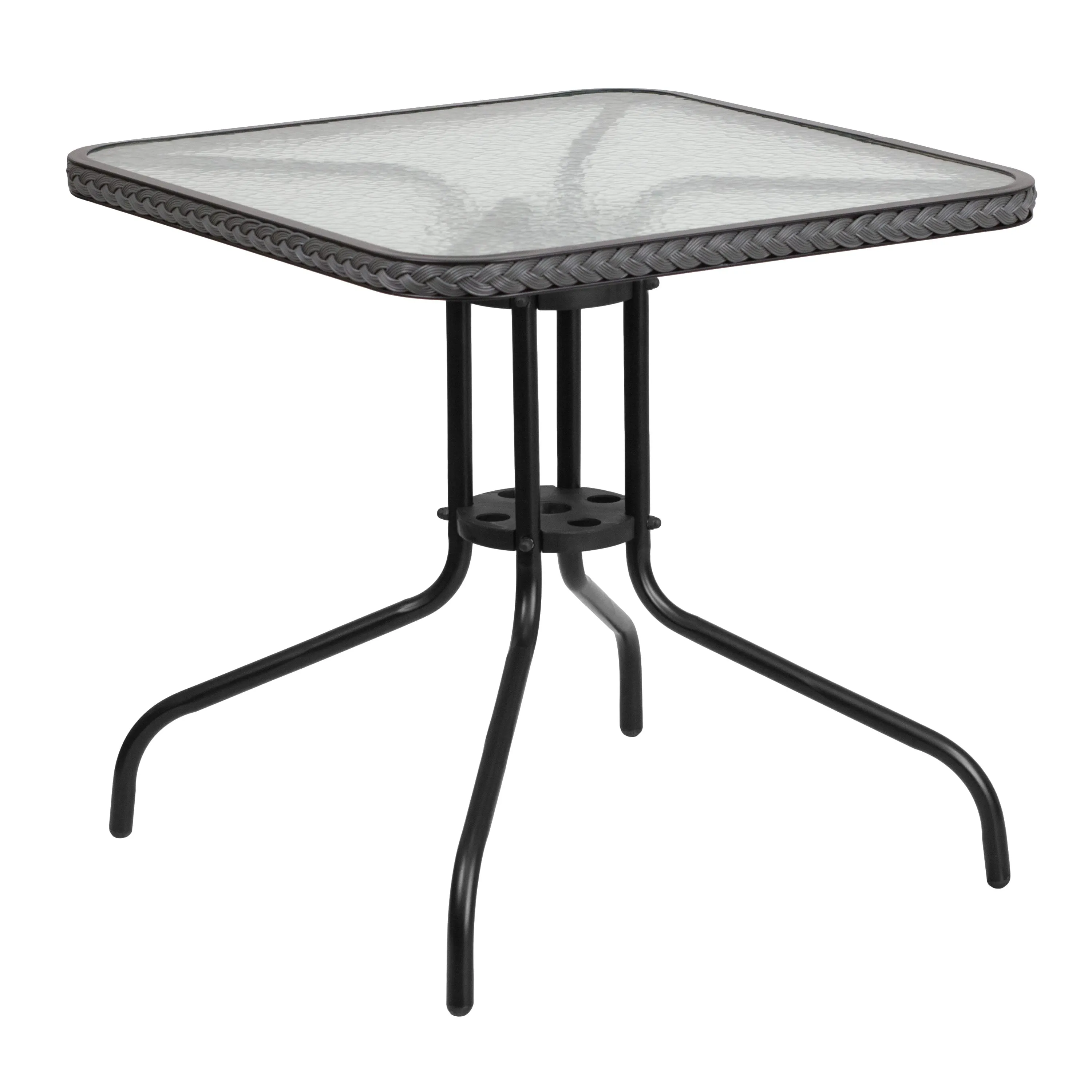 Barker 28'' Square Glass Metal Table with Rattan Edging and 2 Rattan Stack Chairs