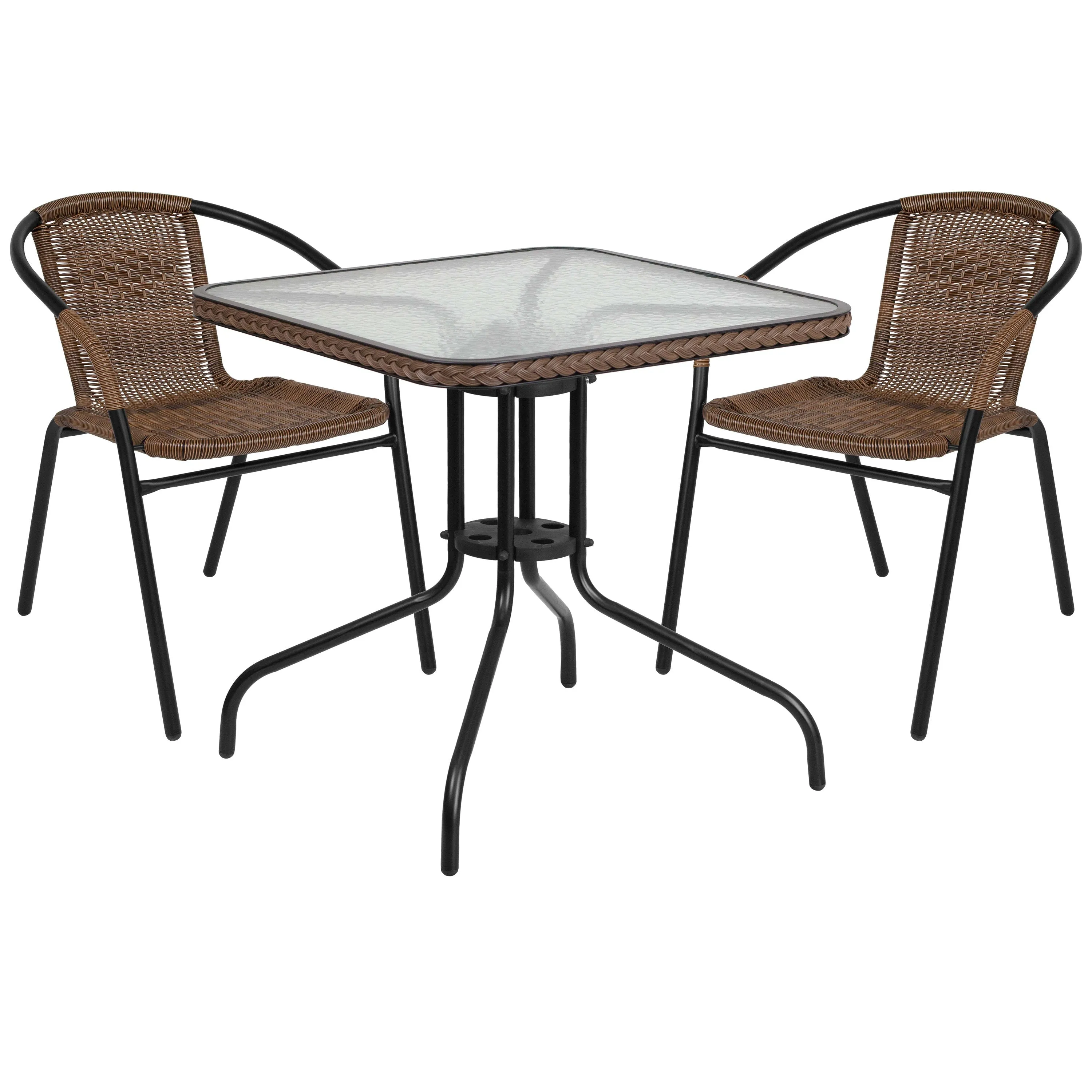 Barker 28'' Square Glass Metal Table with Rattan Edging and 2 Rattan Stack Chairs