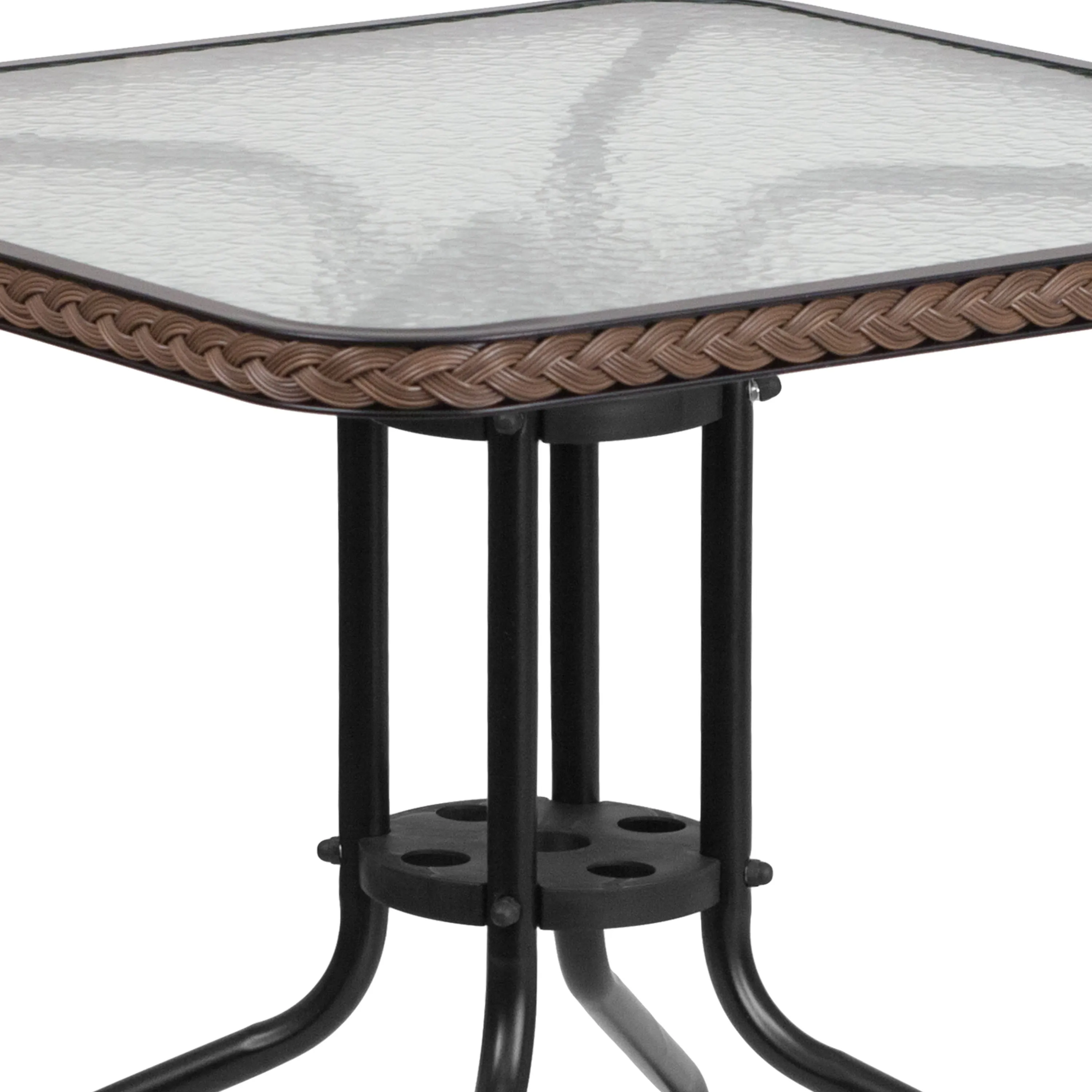 Barker 28'' Square Glass Metal Table with Rattan Edging and 2 Rattan Stack Chairs