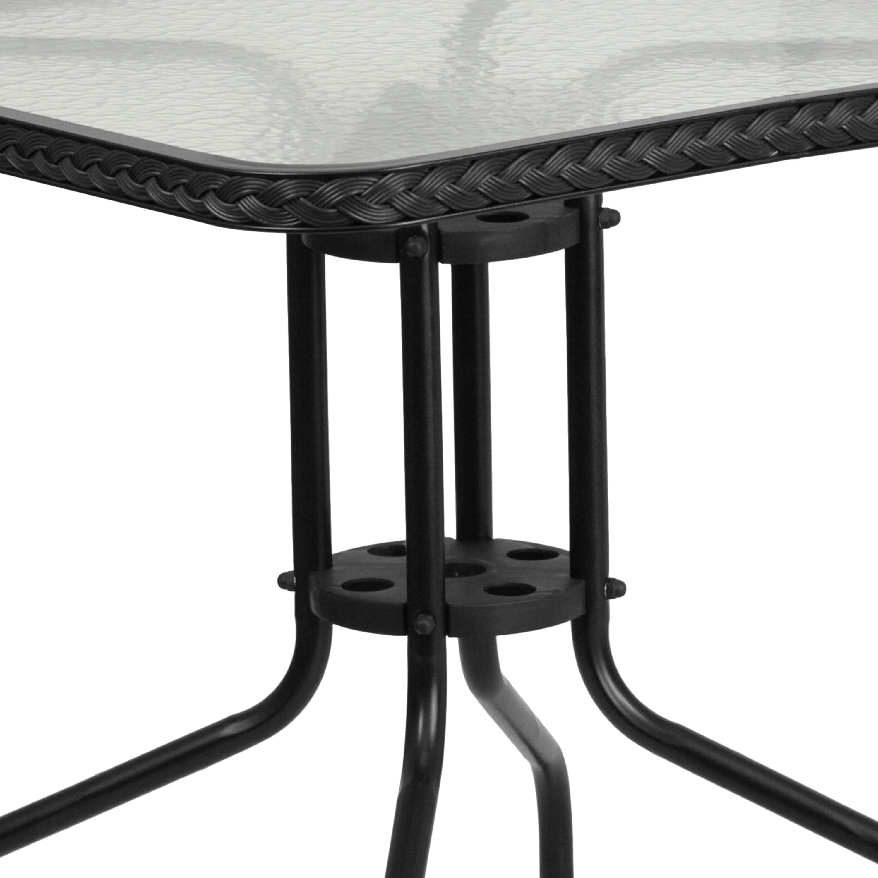 Barker 28'' Square Glass Metal Table with Rattan Edging and 2 Rattan Stack Chairs