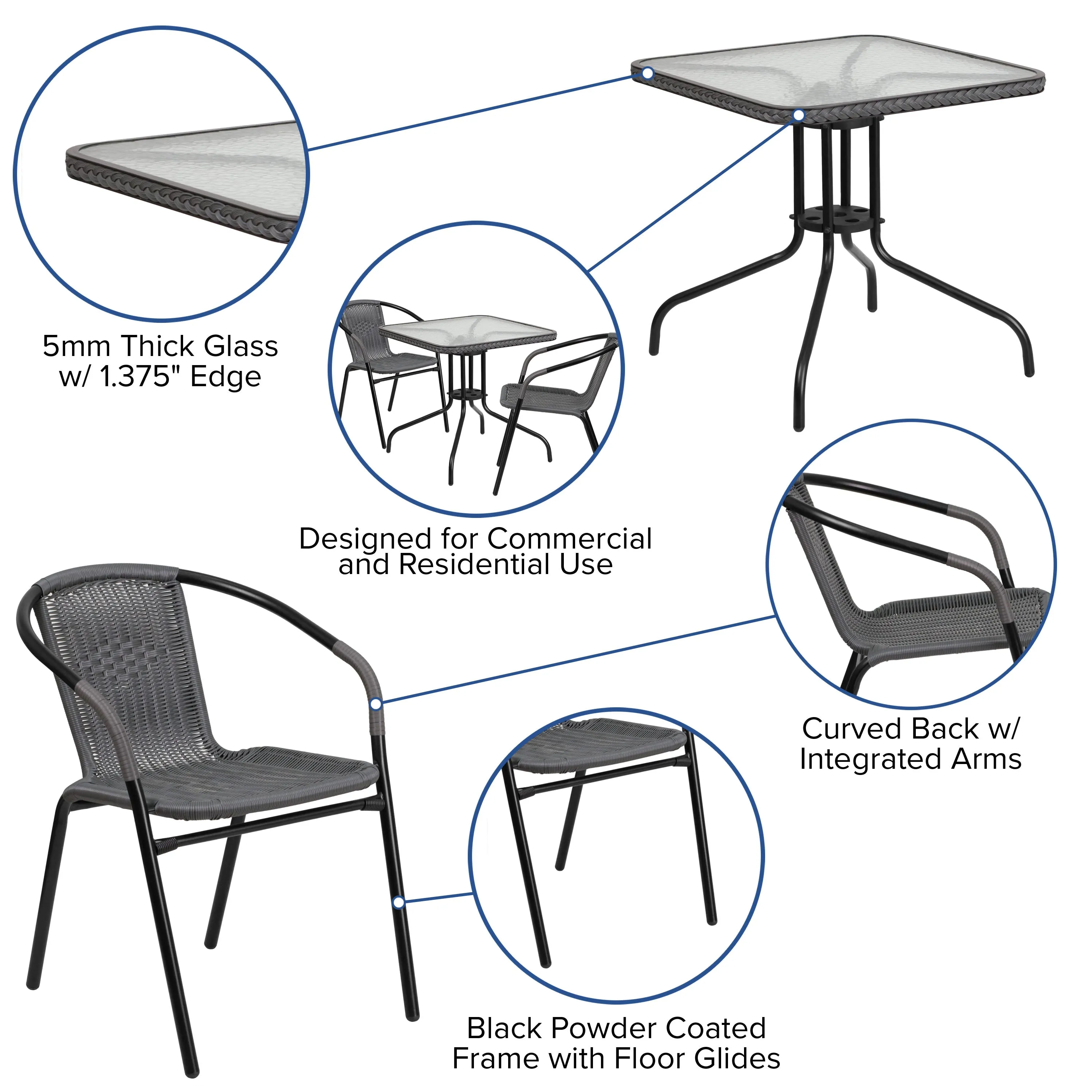 Barker 28'' Square Glass Metal Table with Rattan Edging and 2 Rattan Stack Chairs