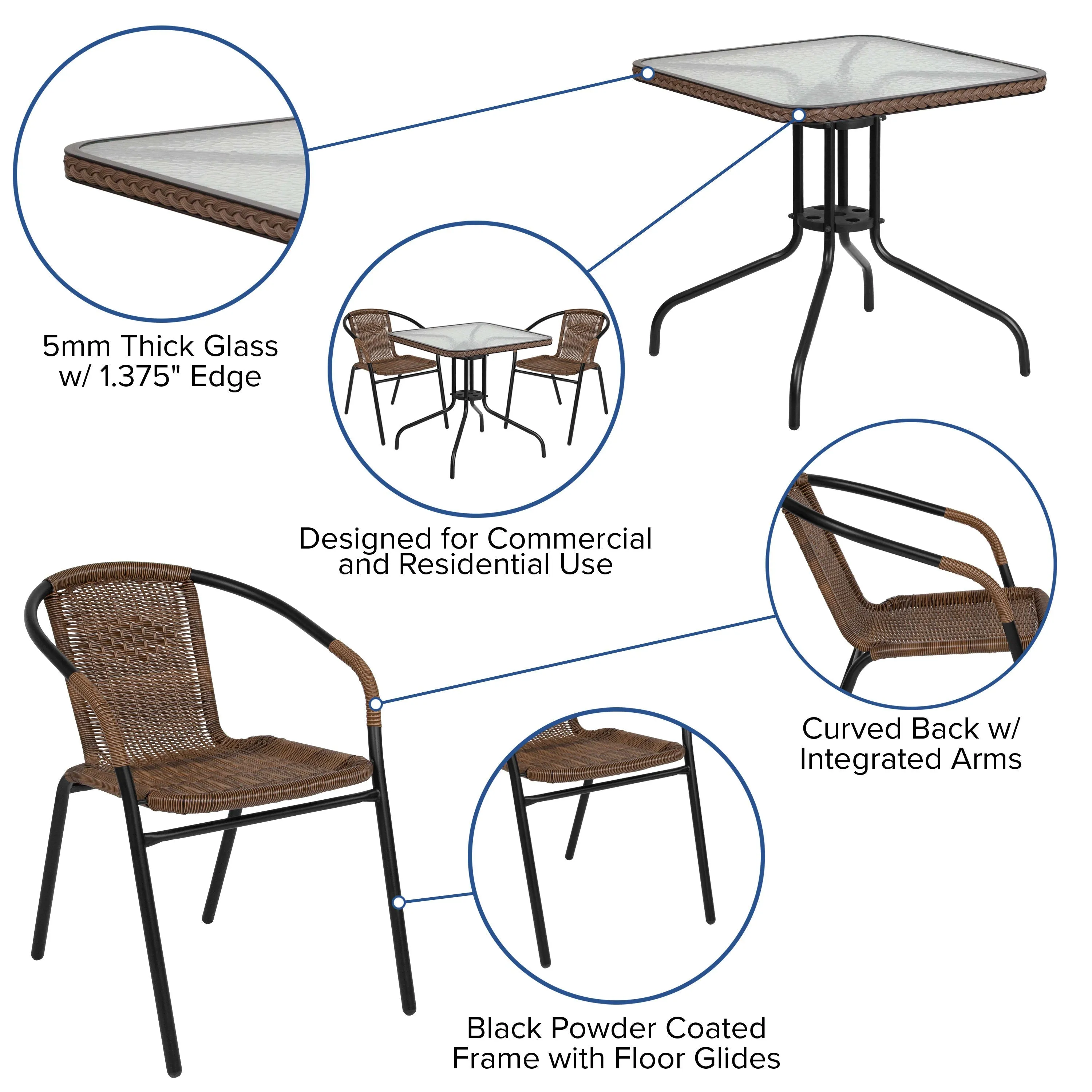 Barker 28'' Square Glass Metal Table with Rattan Edging and 2 Rattan Stack Chairs