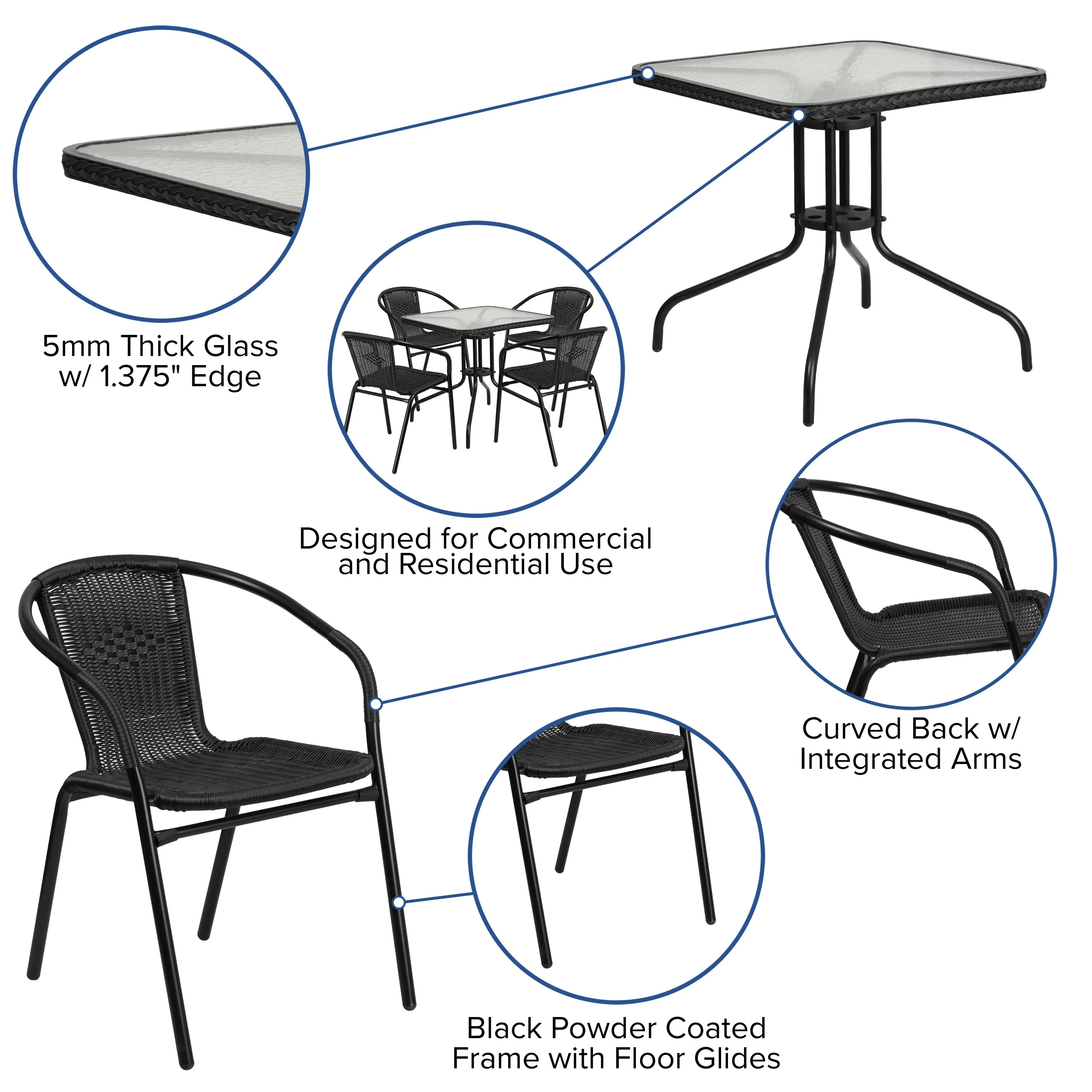 Barker 28'' Square Glass Metal Table with Rattan Edging and 4 Rattan Stack Chairs