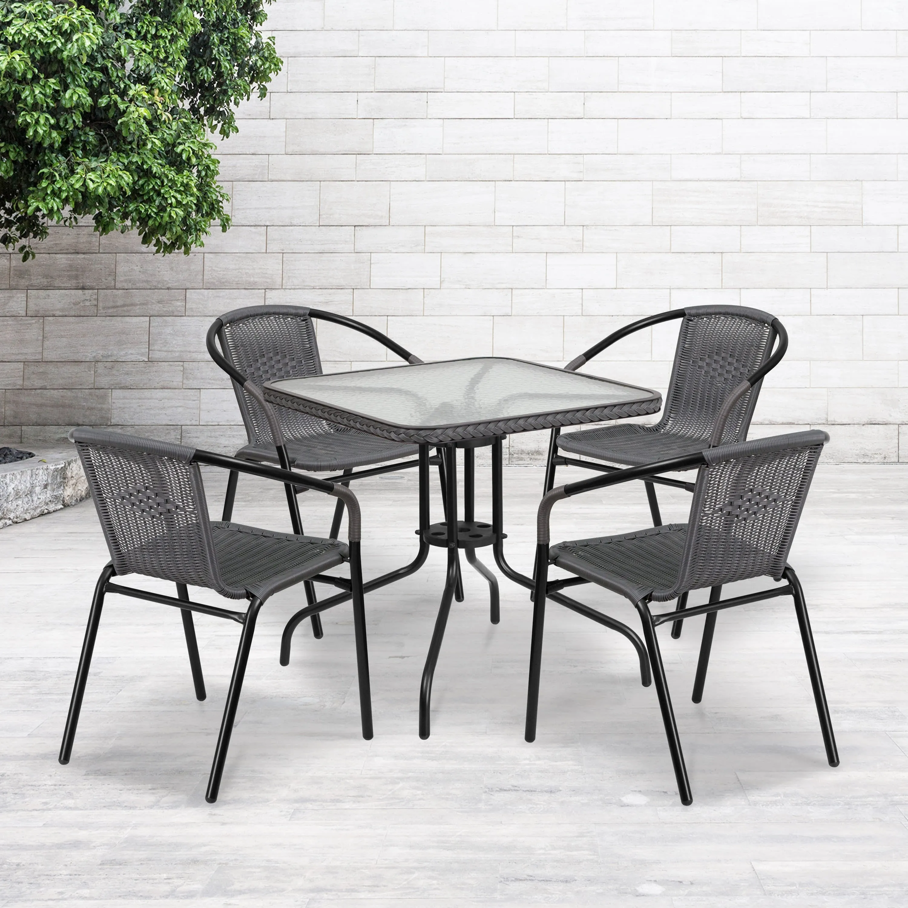 Barker 28'' Square Glass Metal Table with Rattan Edging and 4 Rattan Stack Chairs