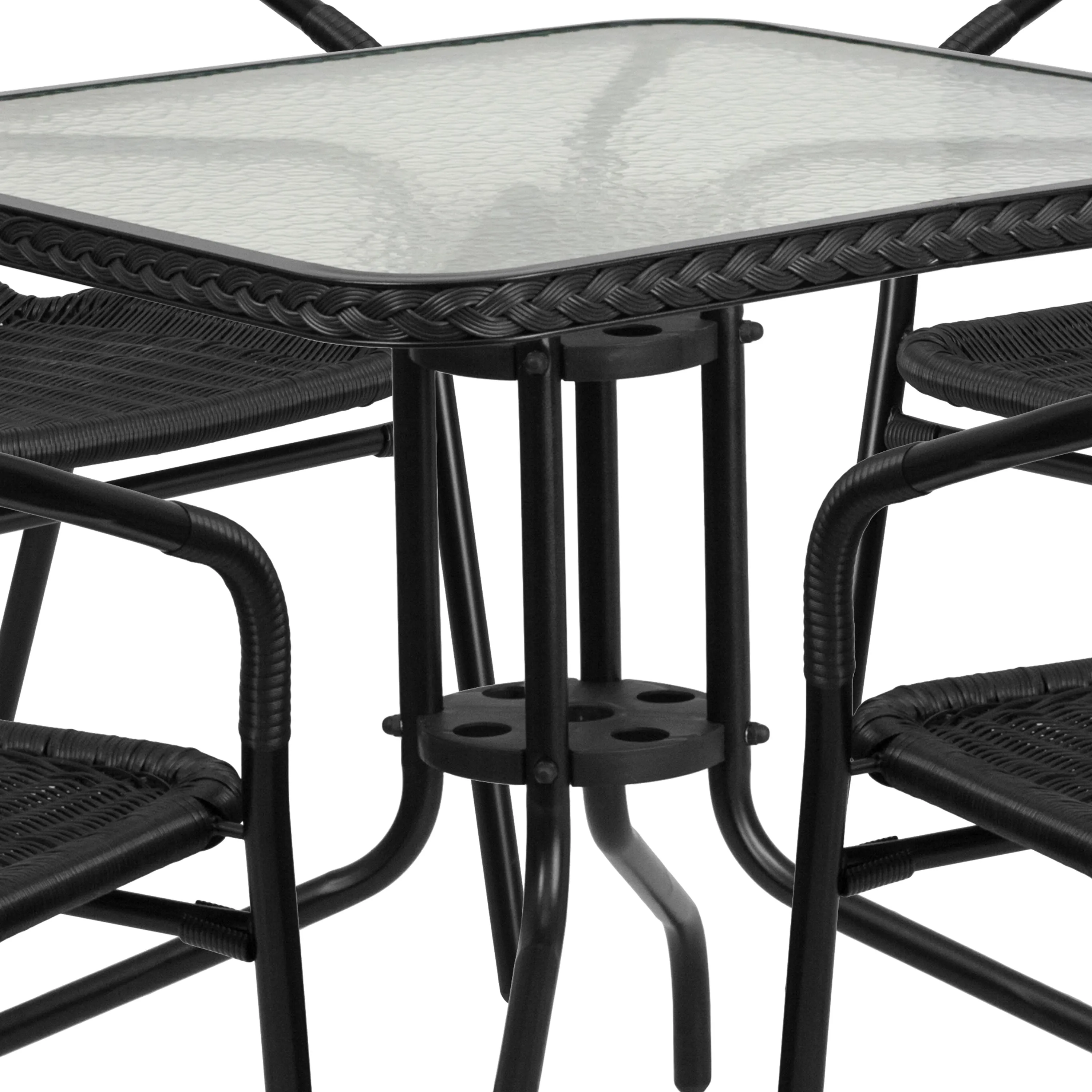 Barker 28'' Square Glass Metal Table with Rattan Edging and 4 Rattan Stack Chairs