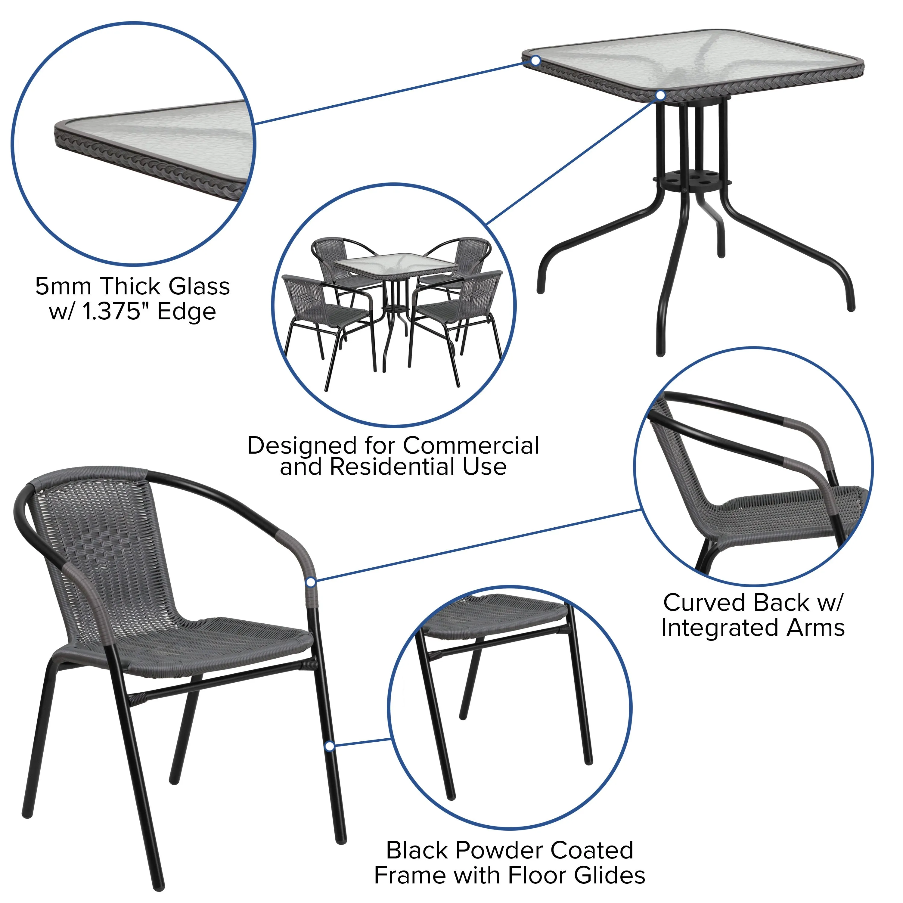 Barker 28'' Square Glass Metal Table with Rattan Edging and 4 Rattan Stack Chairs