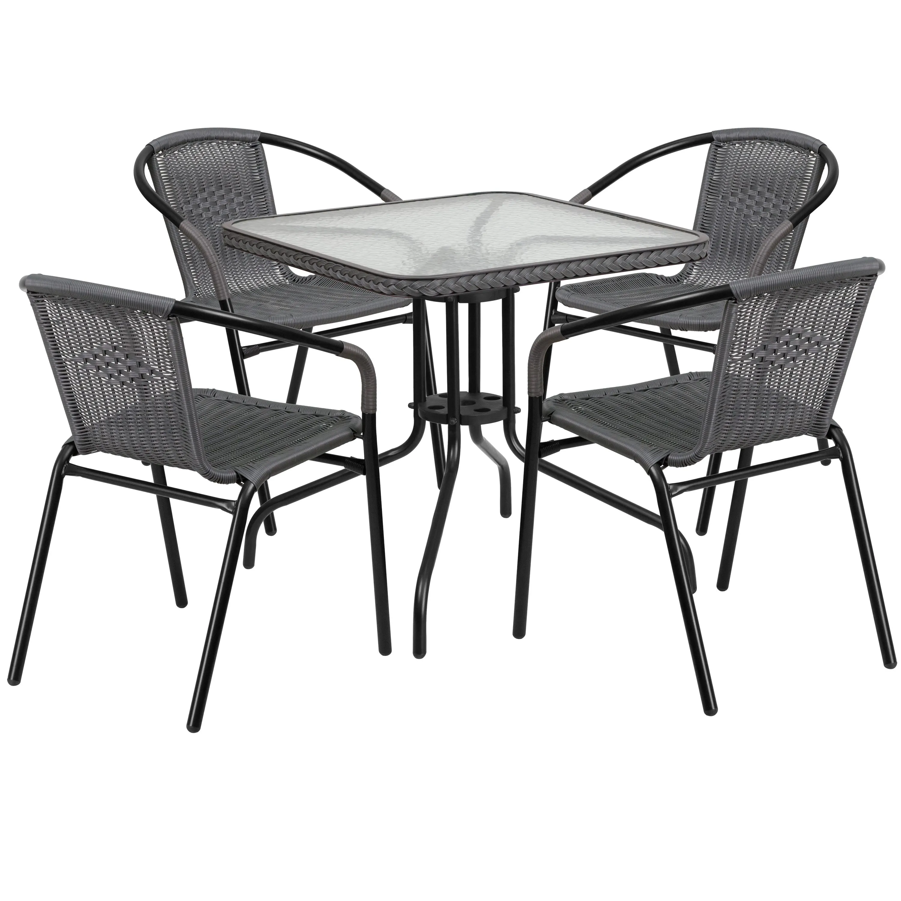 Barker 28'' Square Glass Metal Table with Rattan Edging and 4 Rattan Stack Chairs