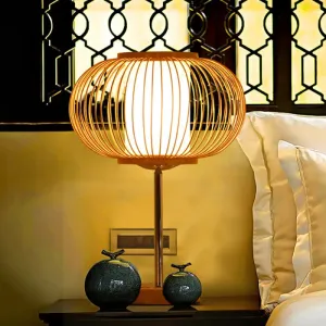 Beige Bamboo Shade Desk Light - 1 Bulb Living Room Task Lighting for an Asian Inspired Ambience