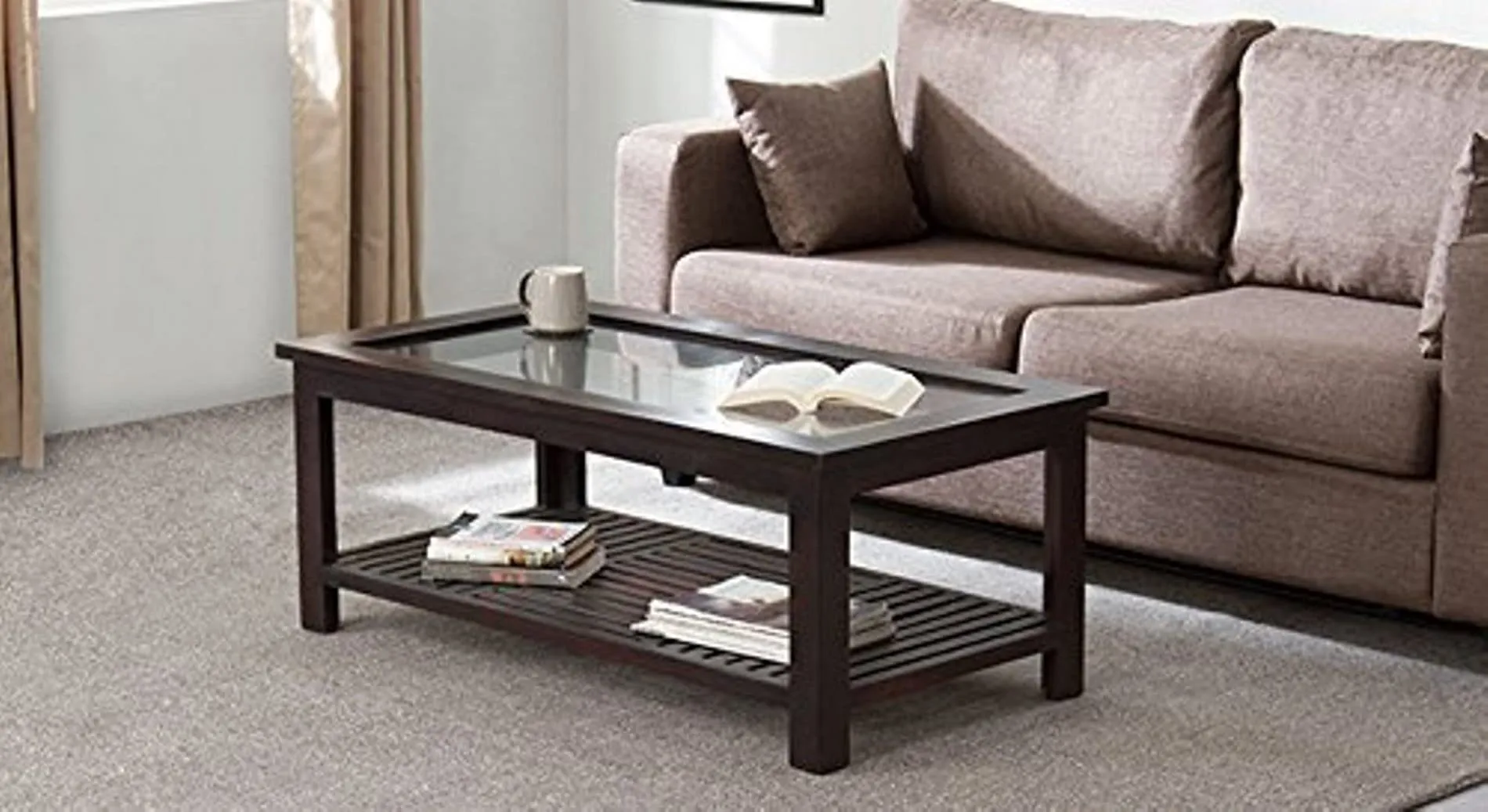 BL WOOD Contemporary Coffee Table (Glass,Mahogany Finish,)