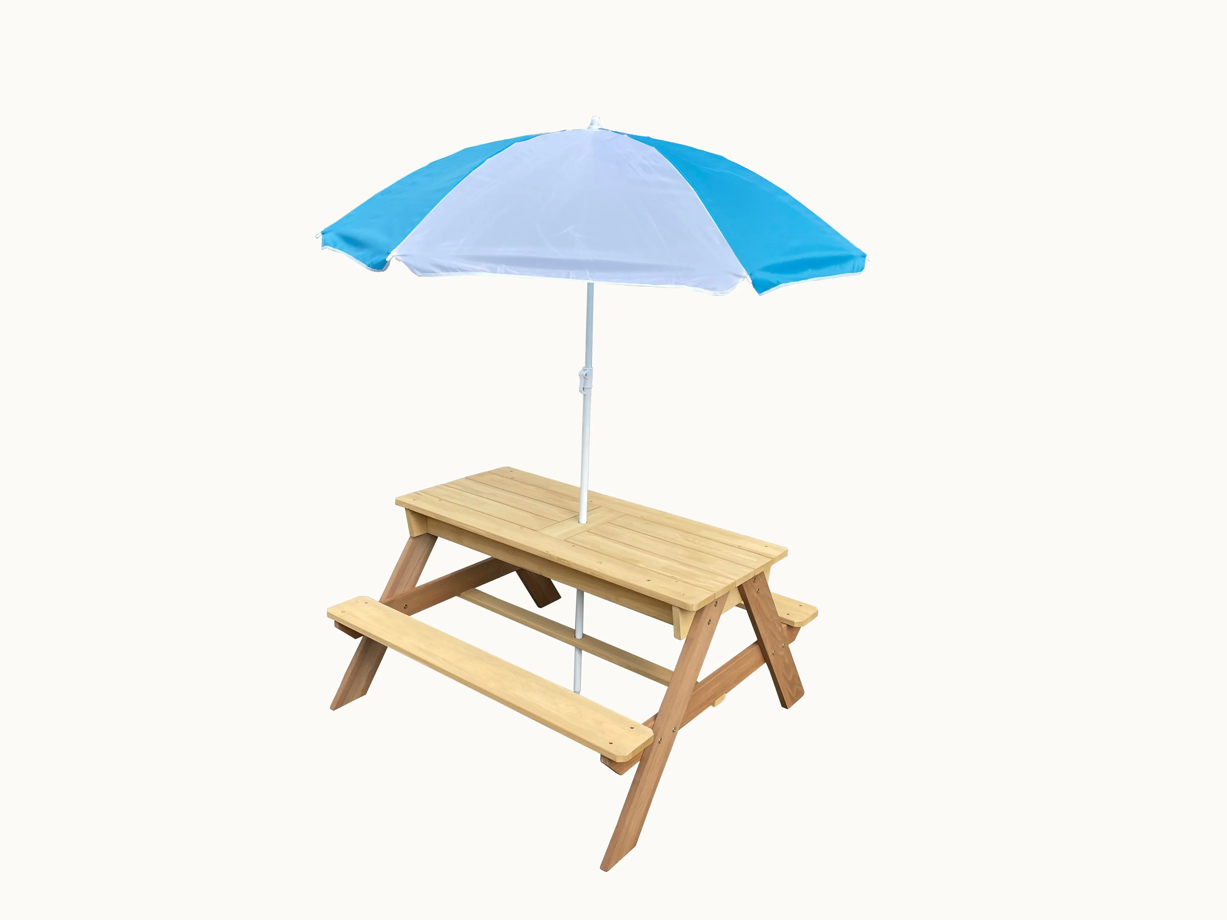 BTExpert Kids 3-in-1 Sand Water Activity Table Wooden Outdoor Convertible Picnic Table Bench Adjustable Umbrella Removable Top 2 Play Boxes Toy Set 37 x 35 in