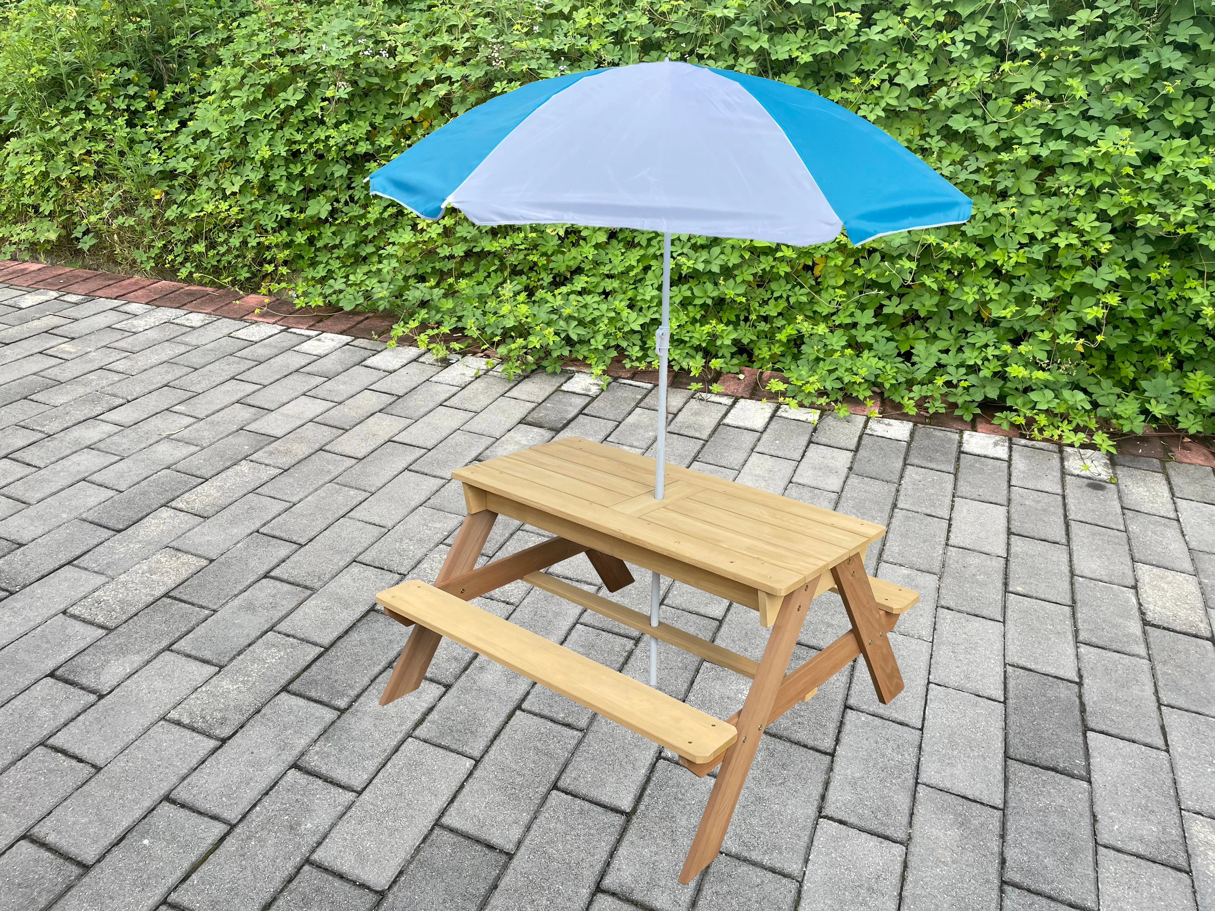 BTExpert Kids 3-in-1 Sand Water Activity Table Wooden Outdoor Convertible Picnic Table Bench Adjustable Umbrella Removable Top 2 Play Boxes Toy Set 37 x 35 in