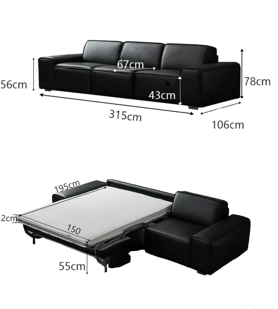 Camden Leather Foldable Sofa Bed with Mattress