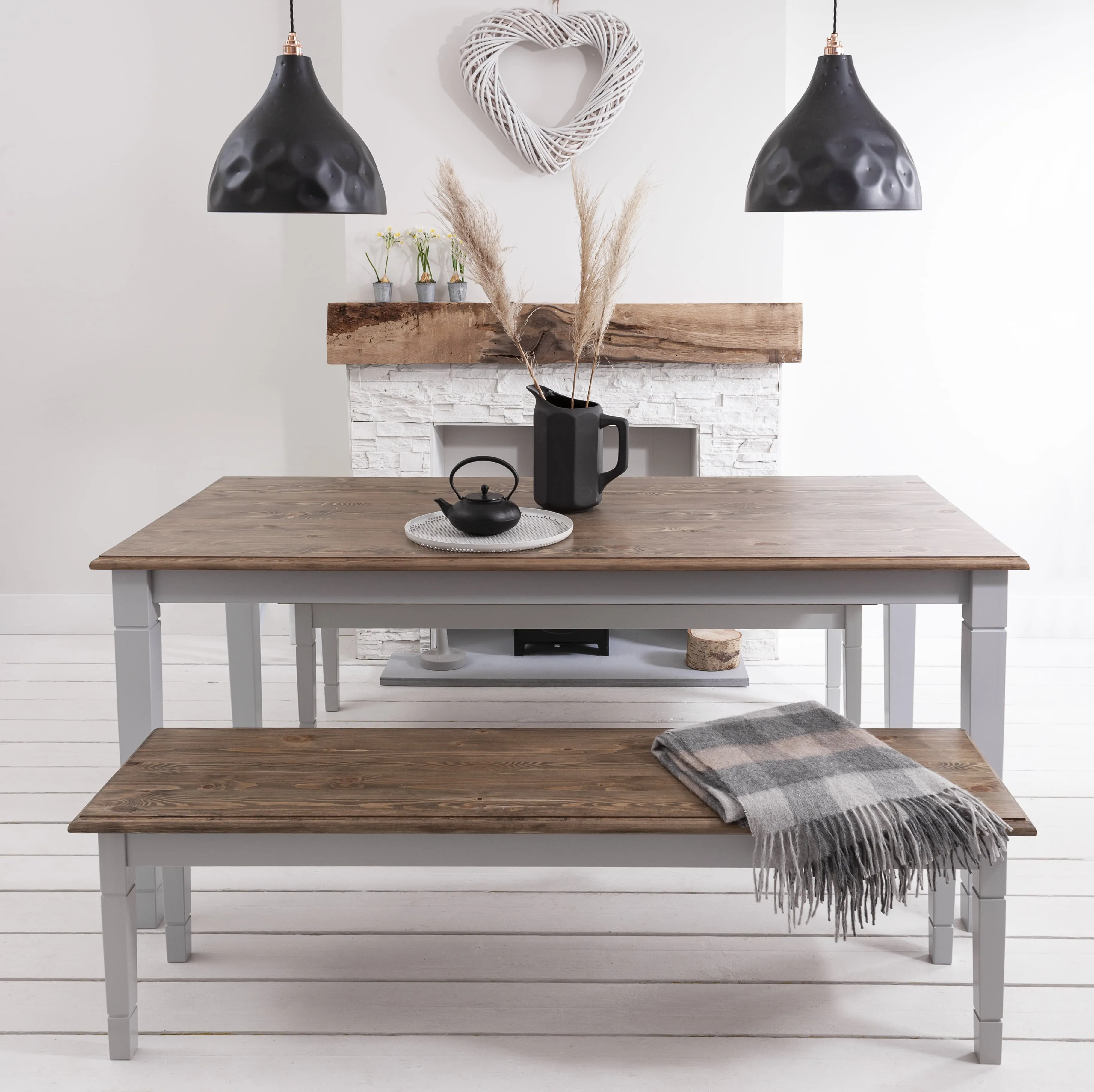 Canterbury 140cm Dining Table and 2 Benches in Grey & Pine