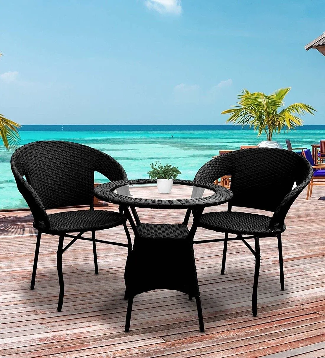 CORAZZIN Garden Patio Seating Chair and Table Set Outdoor Balcony Garden Coffee Table Set Furniture with 1 Table and 2 Chairs Set (Black)