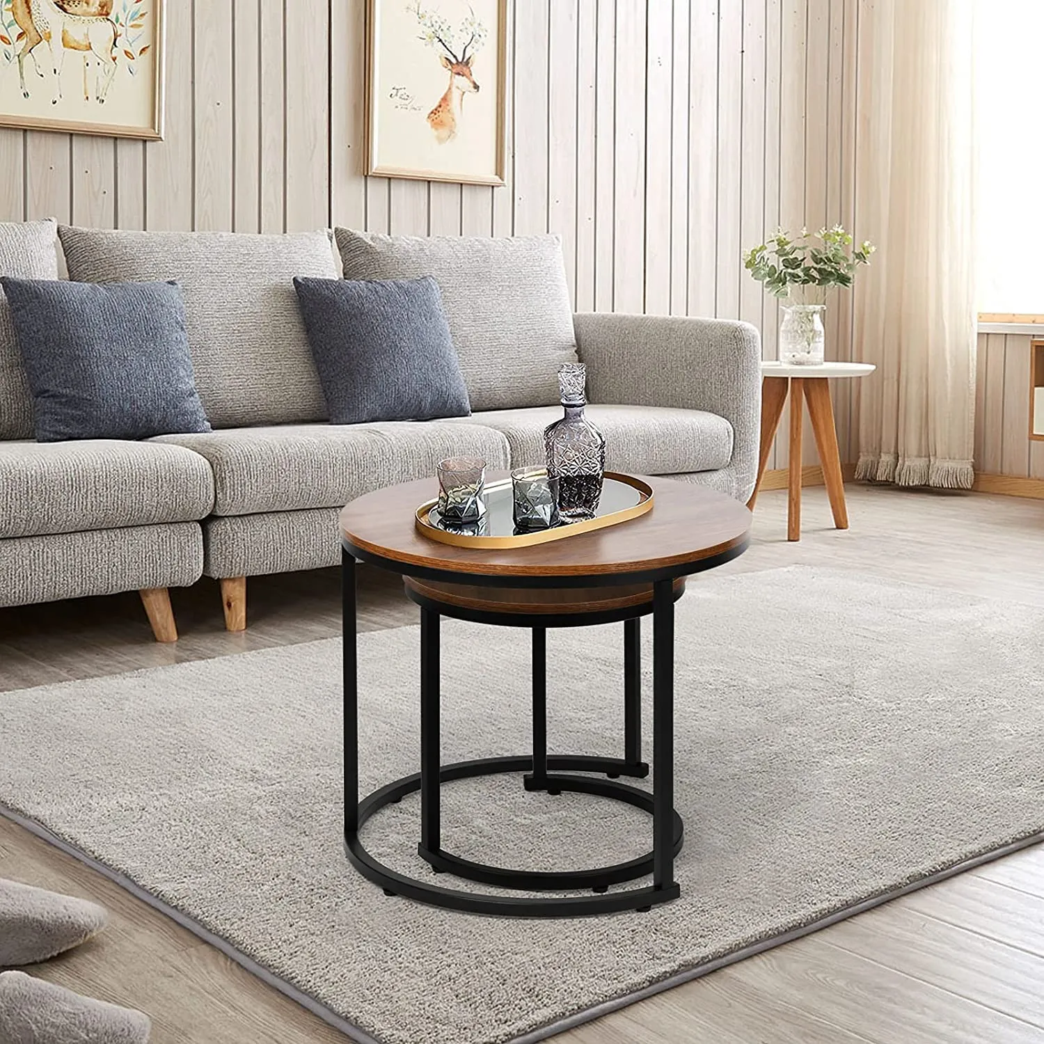 Dantawood Pinewood Round Nesting Side Coffee Table - Set of 2