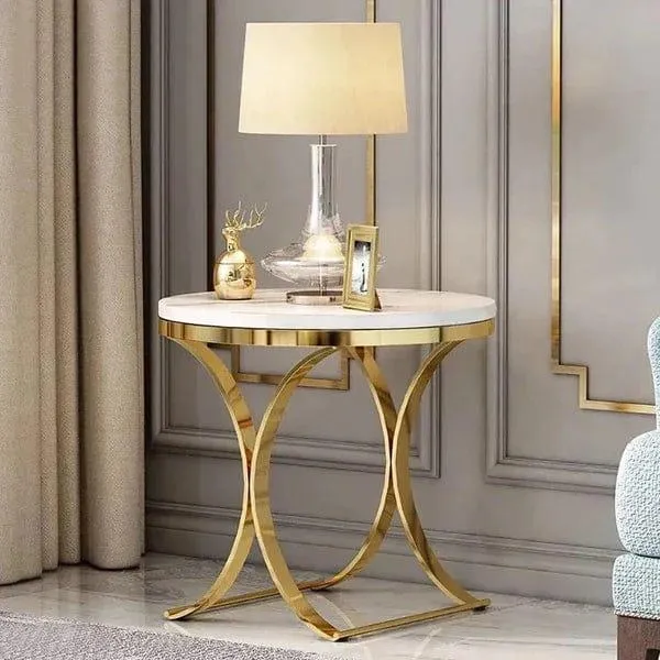 Golden Radiance Round Side Table with Marble Top - Modern Golden Accent Furniture for Elegant Living Rooms